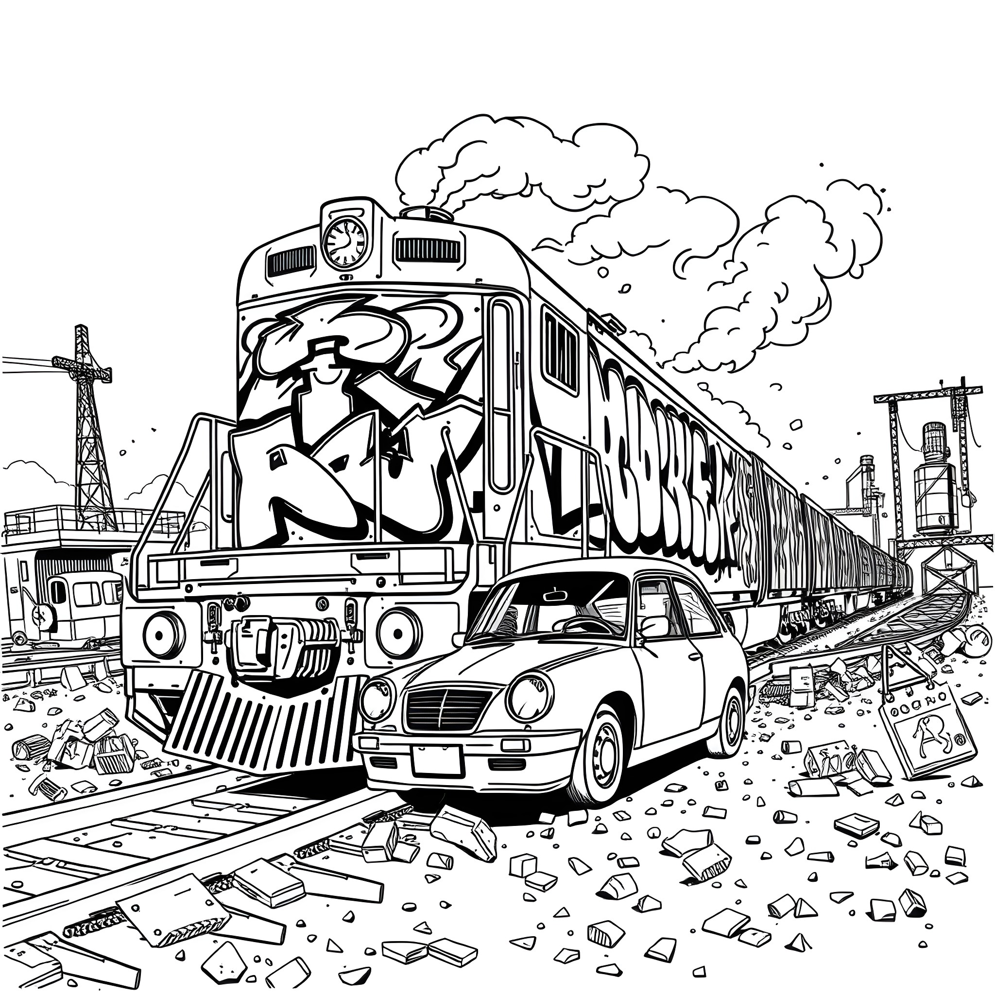 Train passing through graffiti-covered urban landscape Coloring Page (free black-and-white line drawing printable PDF for all, from beginners to advanced learners, including children, teens, adults, and seniors)