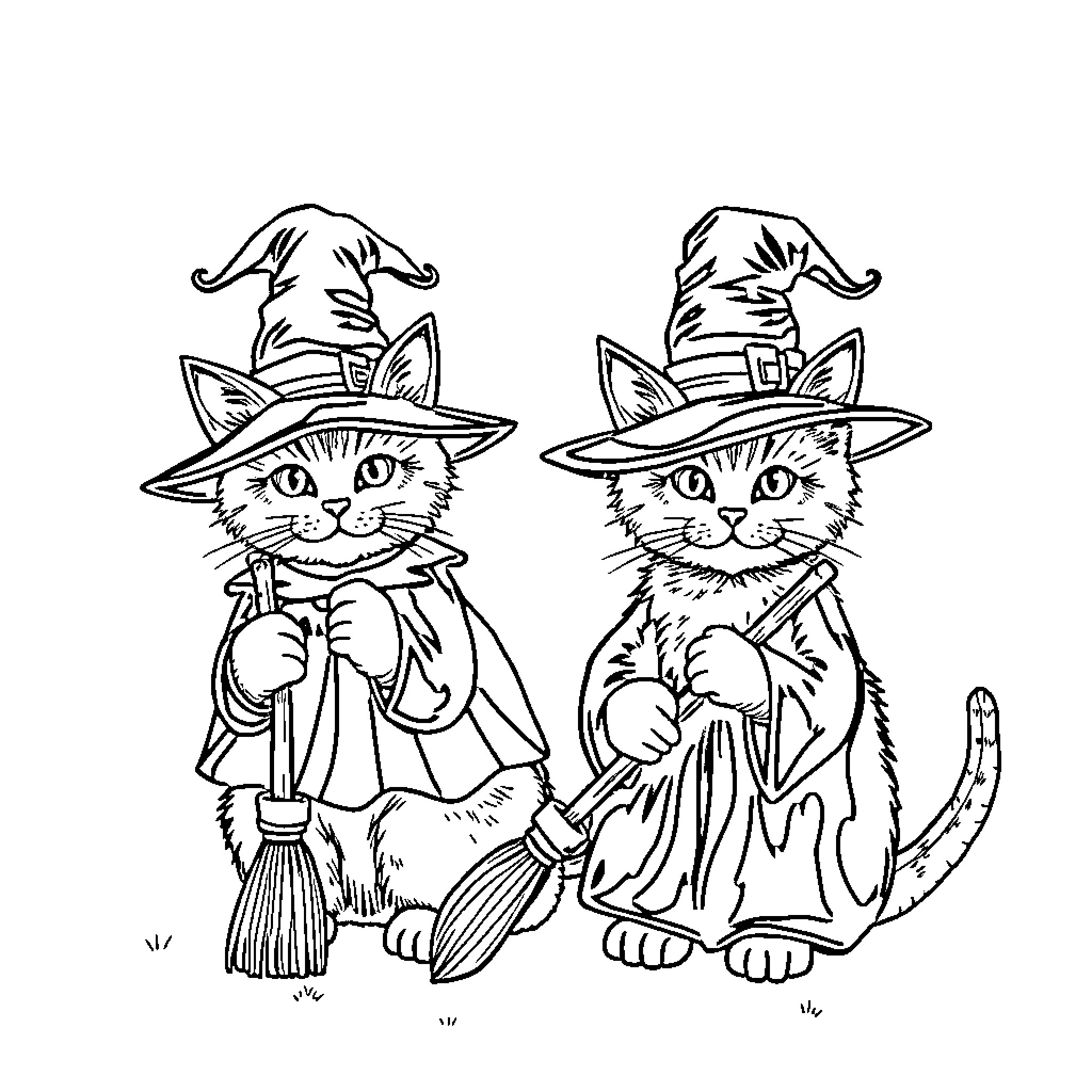 Cats in Halloween witch costumes Coloring Page (free black-and-white line drawing printable PDF for all, from beginners to advanced learners, including children, teens, adults, and seniors)