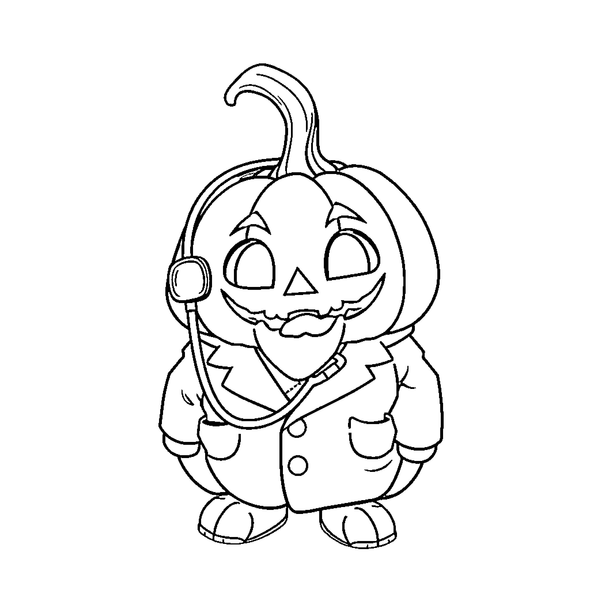 Pumpkin character in doctor's outfit Coloring Page (free black-and-white line drawing printable PDF for all, from beginners to advanced learners, including children, teens, adults, and seniors)
