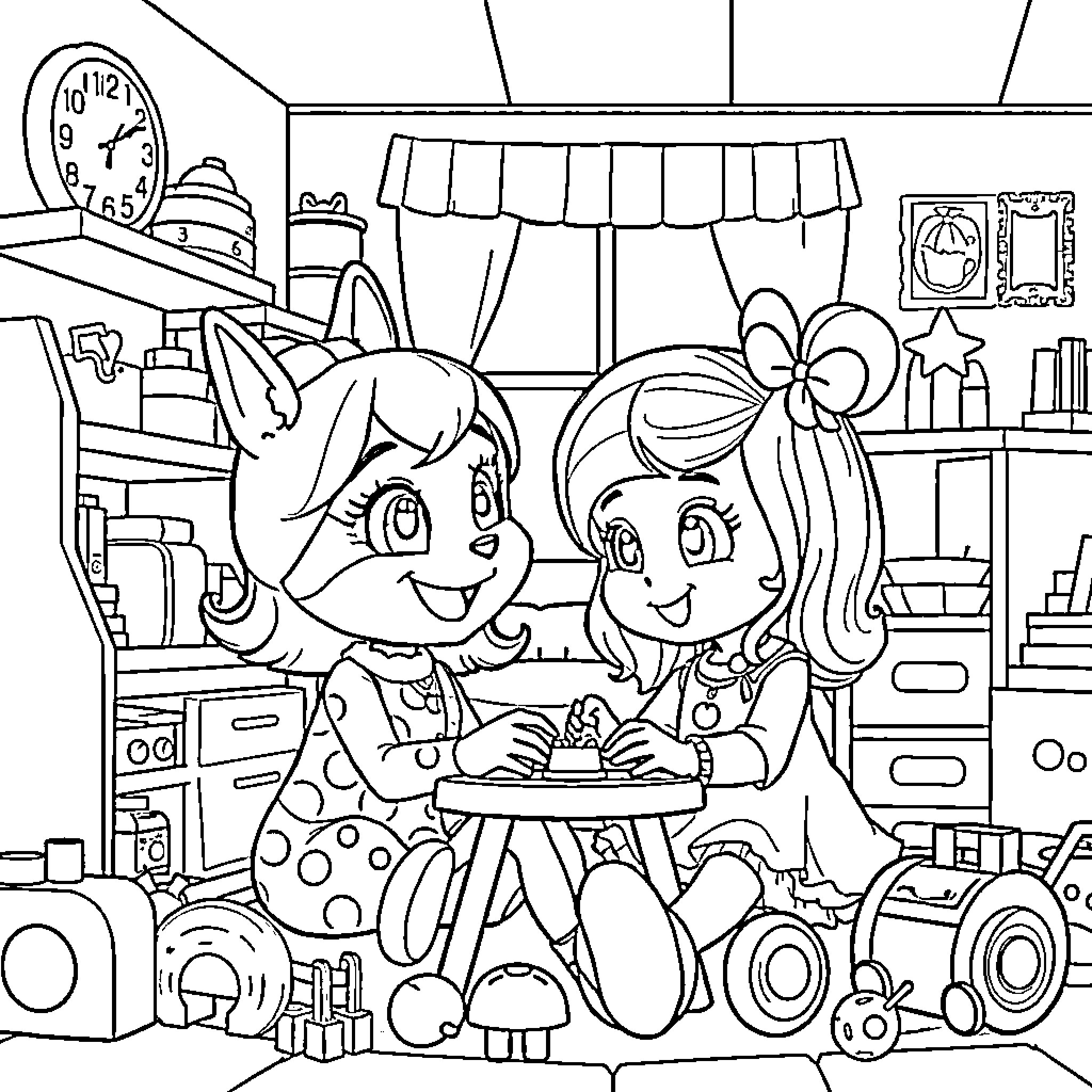 Rumi and Friend Enjoying Time Together in Cozy Room Coloring Page (free black-and-white line drawing printable PDF for all, from beginners to advanced learners, including children, teens, adults, and seniors)