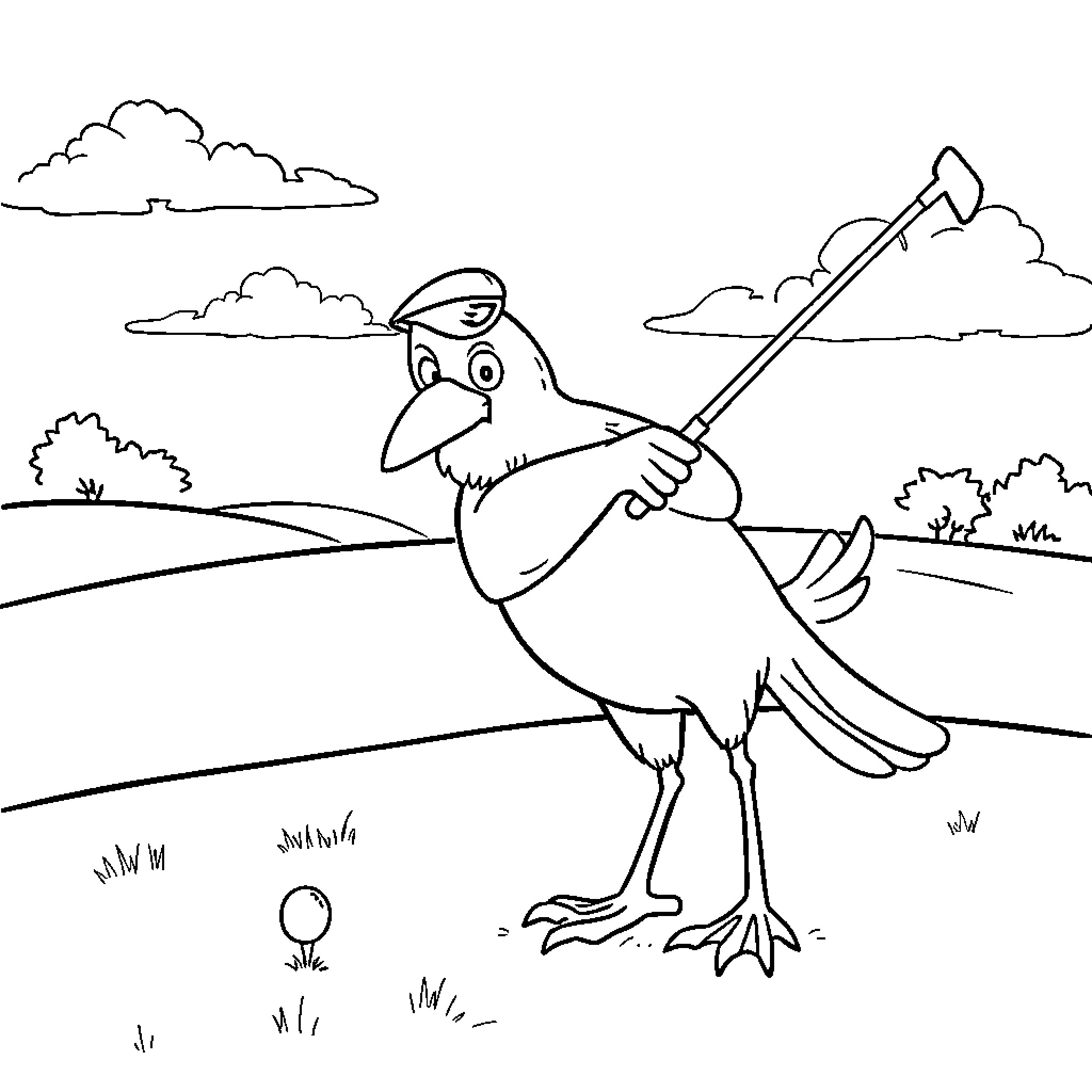 Bird golfer enjoying a round on the course Coloring Page (free black-and-white line drawing printable PDF for all, from beginners to advanced learners, including children, teens, adults, and seniors)