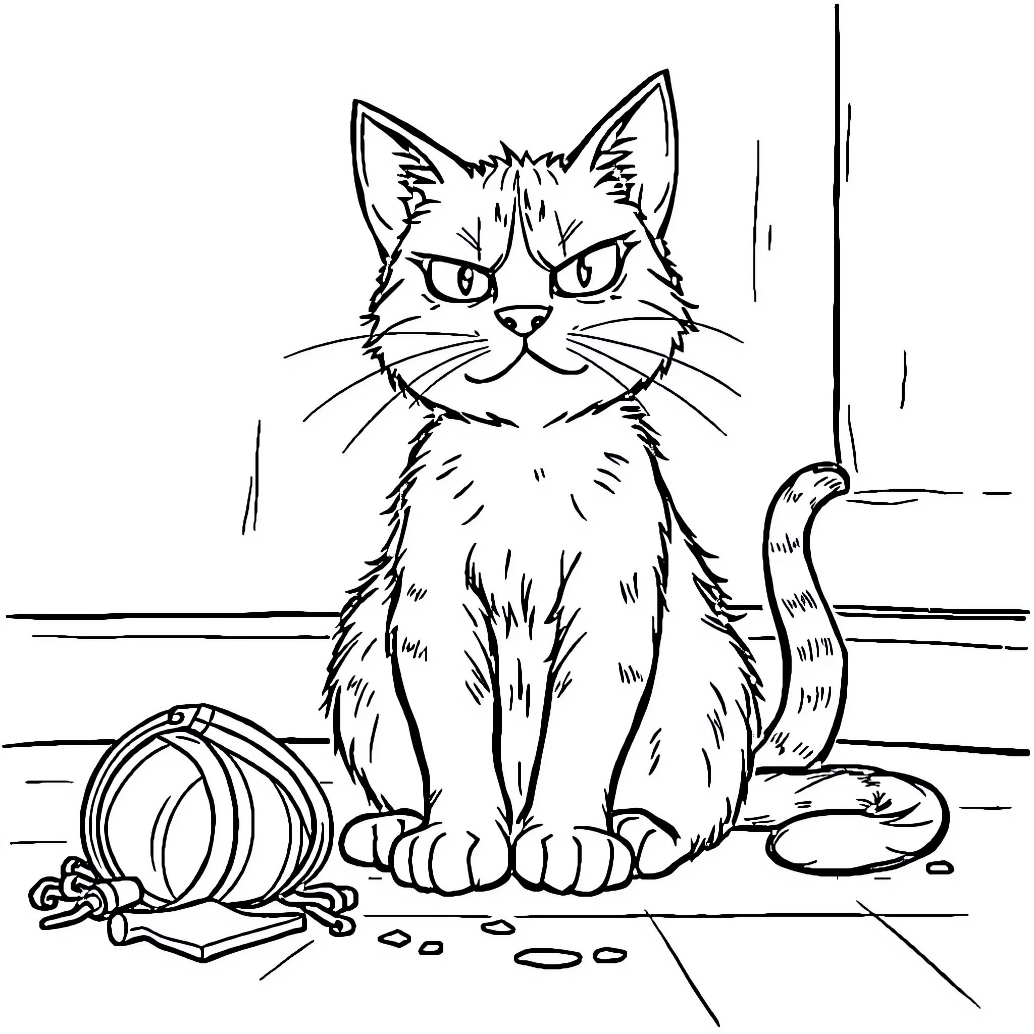 Cat sitting patiently by spilled items Coloring Page (free black-and-white line drawing printable PDF for all, from beginners to advanced learners, including children, teens, adults, and seniors)