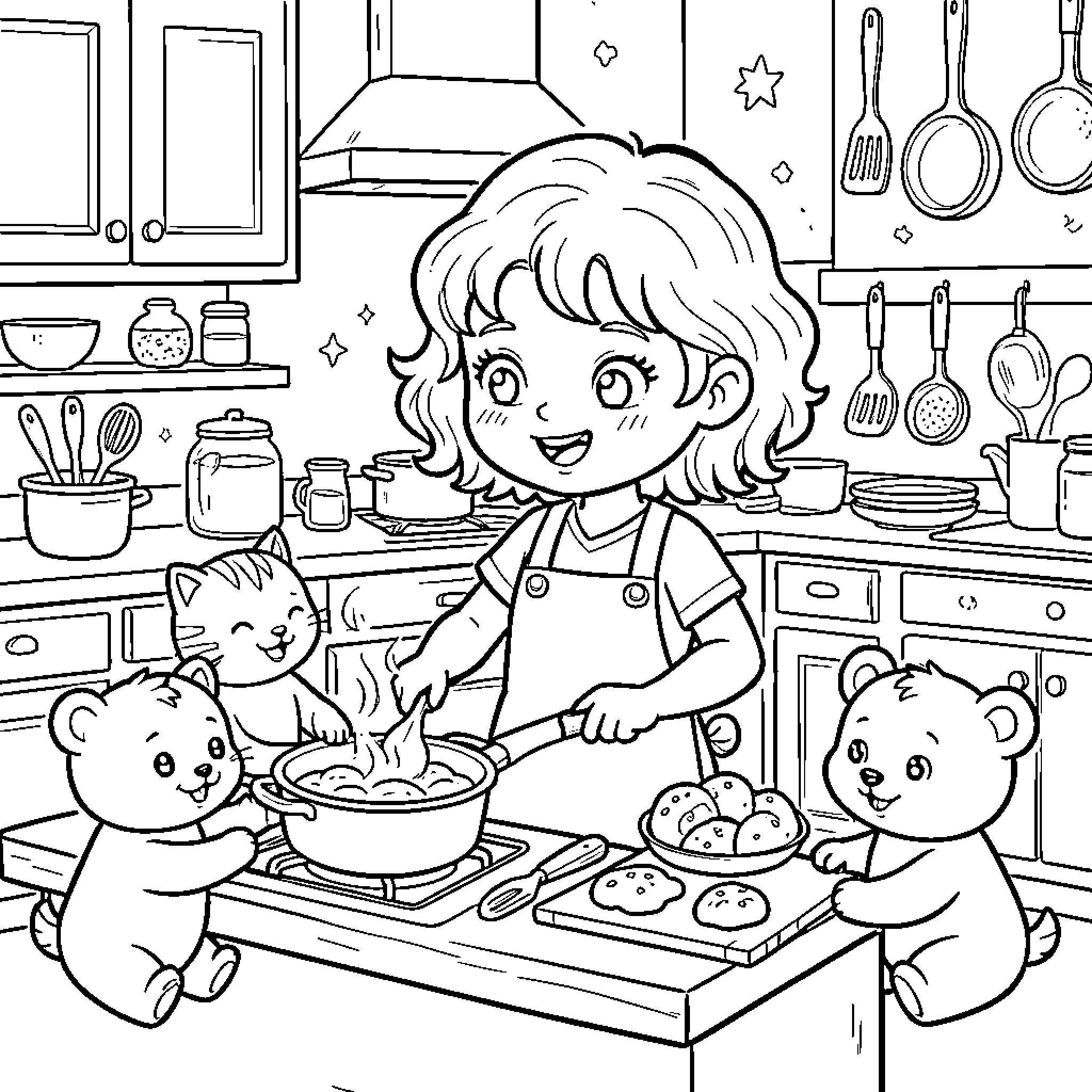 Kitten Baking with Friends in the Kitchen Coloring Page (free black-and-white line drawing printable PDF for all, from beginners to advanced learners, including children, teens, adults, and seniors)