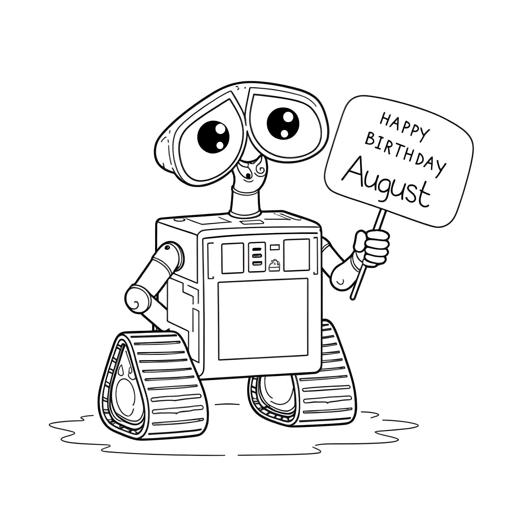 Wall-E celebrating August birthday with happy message Coloring Page (free black-and-white line drawing printable PDF for all, from beginners to advanced learners, including children, teens, adults, and seniors)