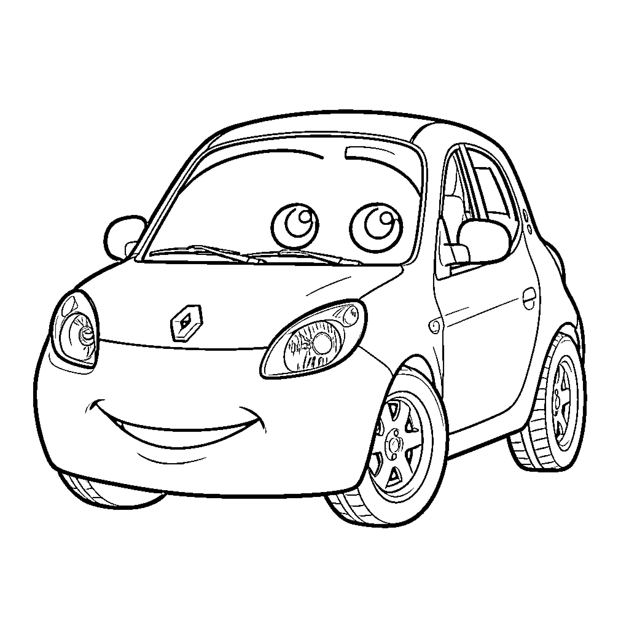 Renault Twingo smiling with big expressive eyes Coloring Page (free black-and-white line drawing printable PDF for all, from beginners to advanced learners, including children, teens, adults, and seniors)