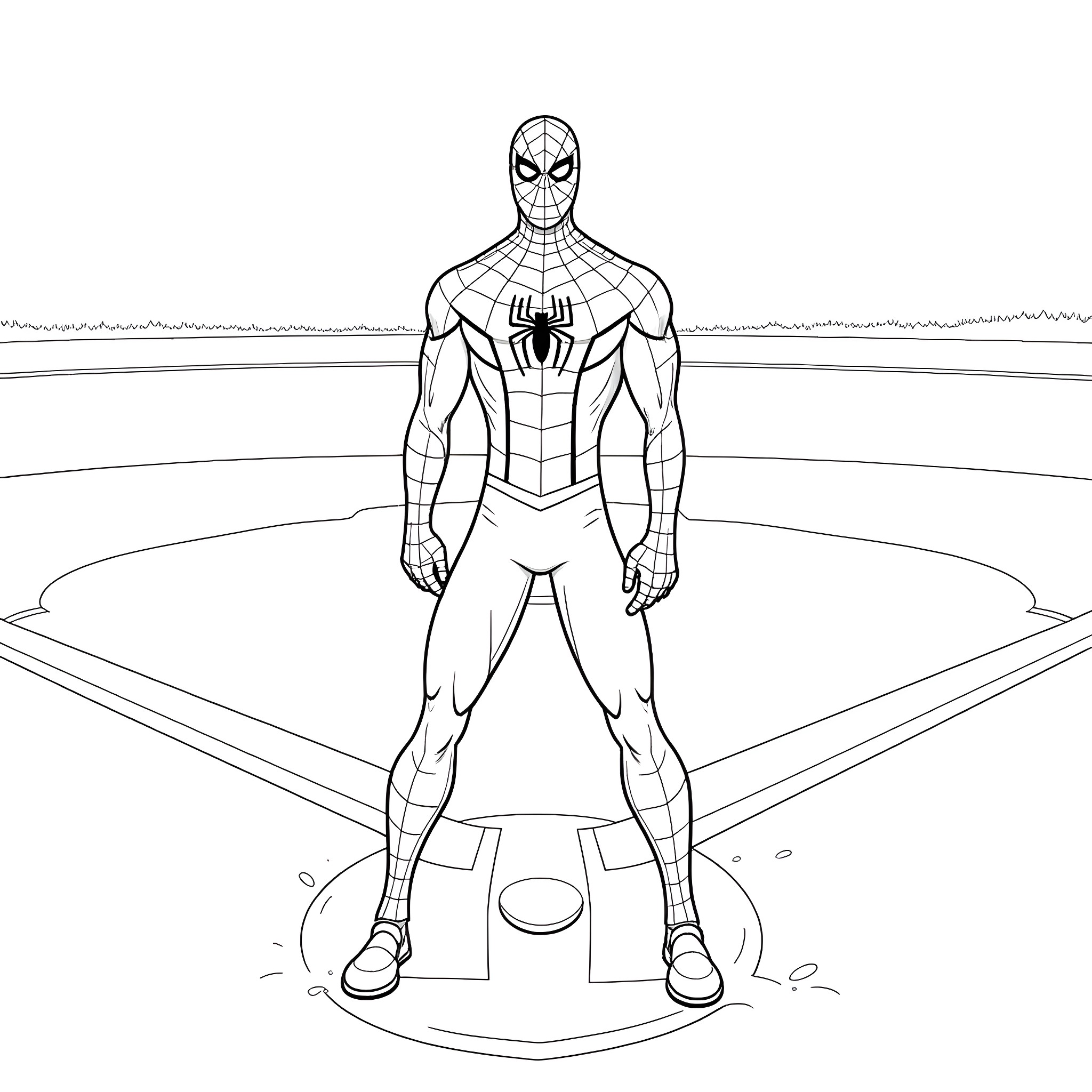 Spider-Man standing heroically on the field Coloring Page (free black-and-white line drawing printable PDF for all, from beginners to advanced learners, including children, teens, adults, and seniors)