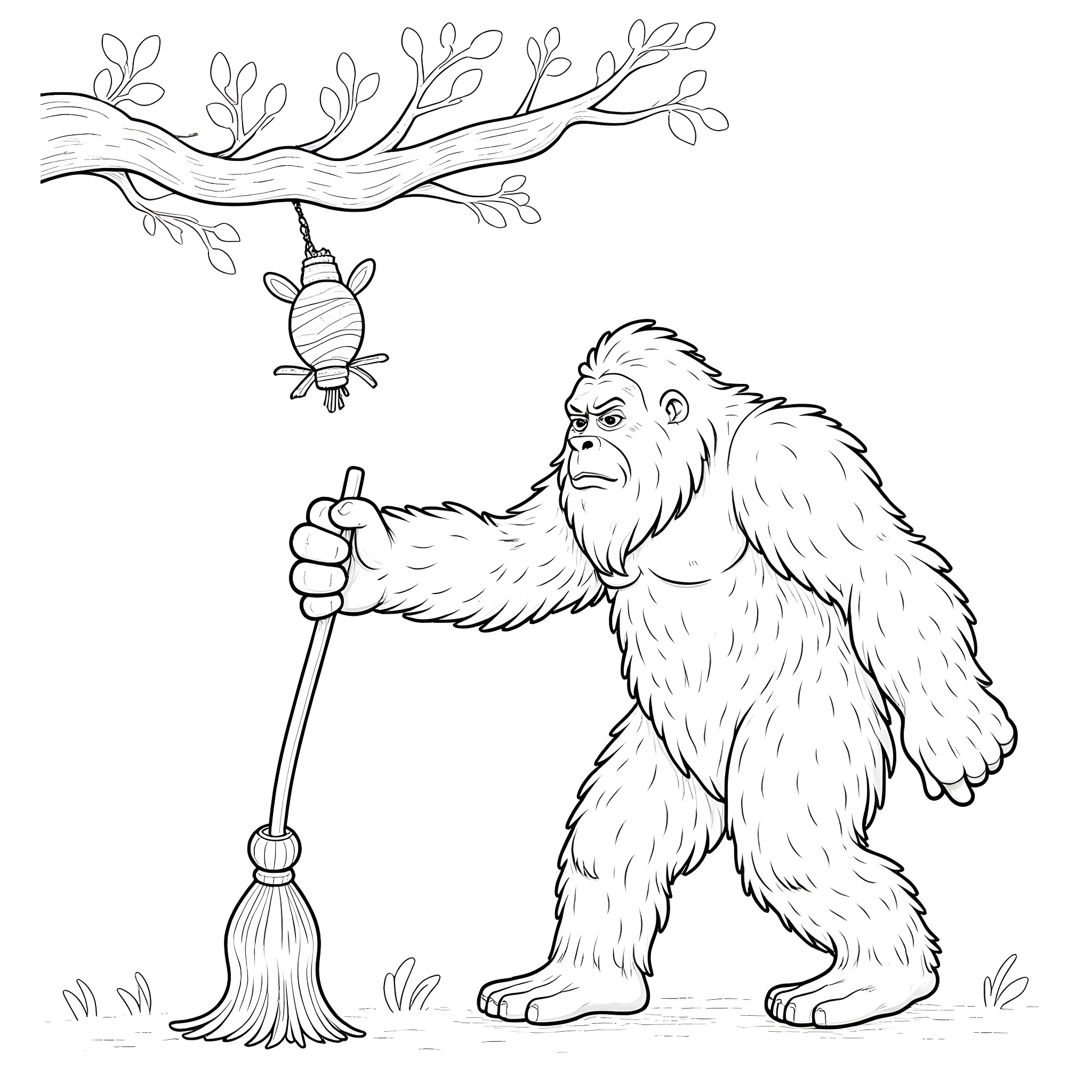 Bigfoot cleaning up the forest with a broom Coloring Page (free black-and-white line drawing printable PDF for all, from beginners to advanced learners, including children, teens, adults, and seniors)