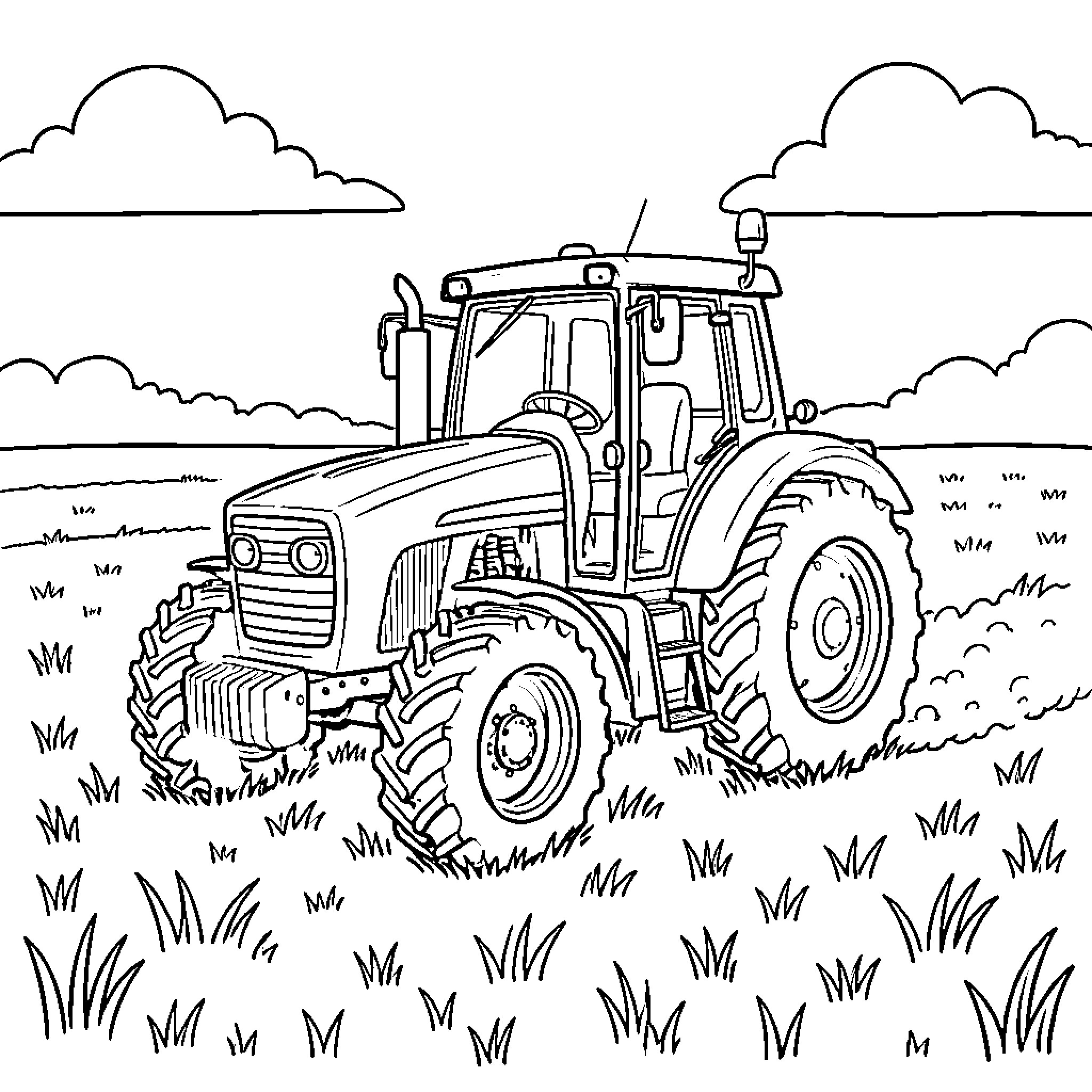 Tractor Plowing Through Lush Countryside Coloring Page (free black-and-white line drawing printable PDF for all, from beginners to advanced learners, including children, teens, adults, and seniors)