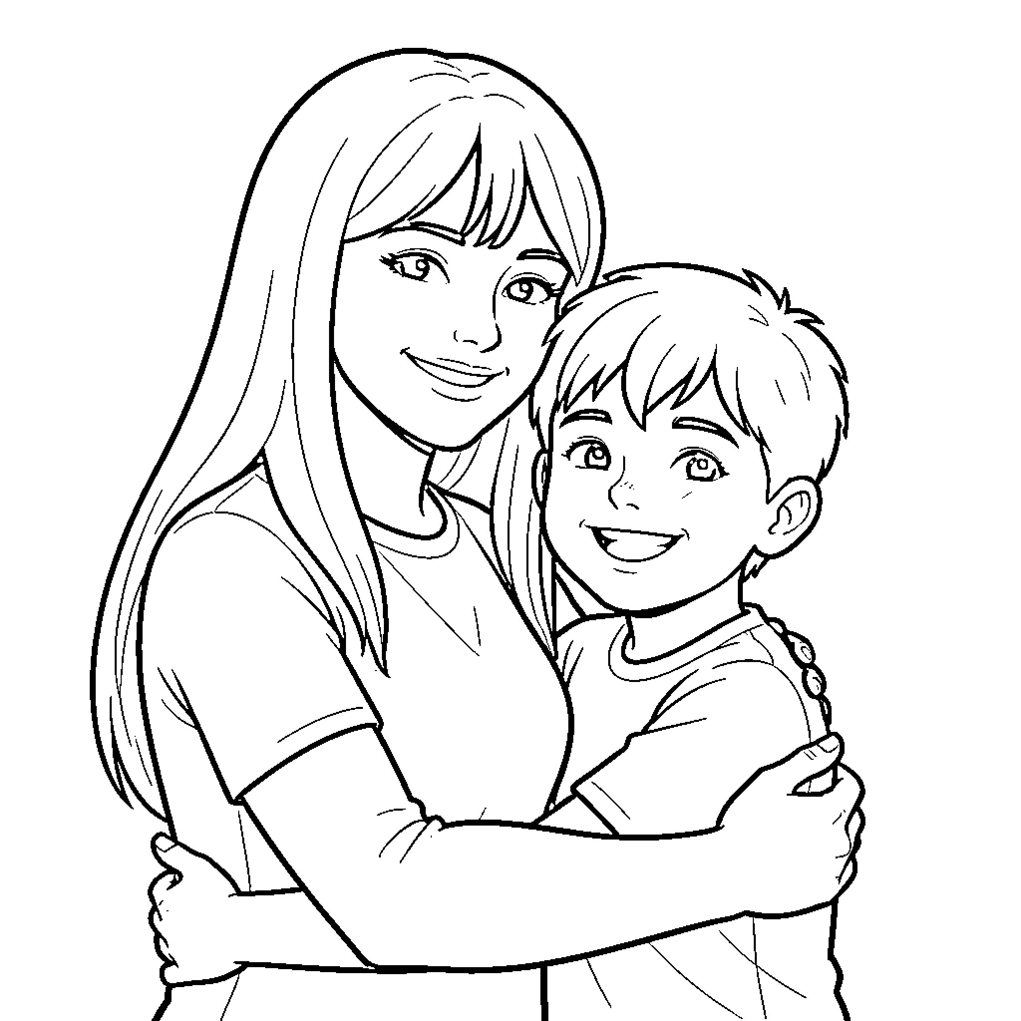 Mother and child sharing a moment of warmth Coloring Page (free black-and-white line drawing printable PDF for all, from beginners to advanced learners, including children, teens, adults, and seniors)