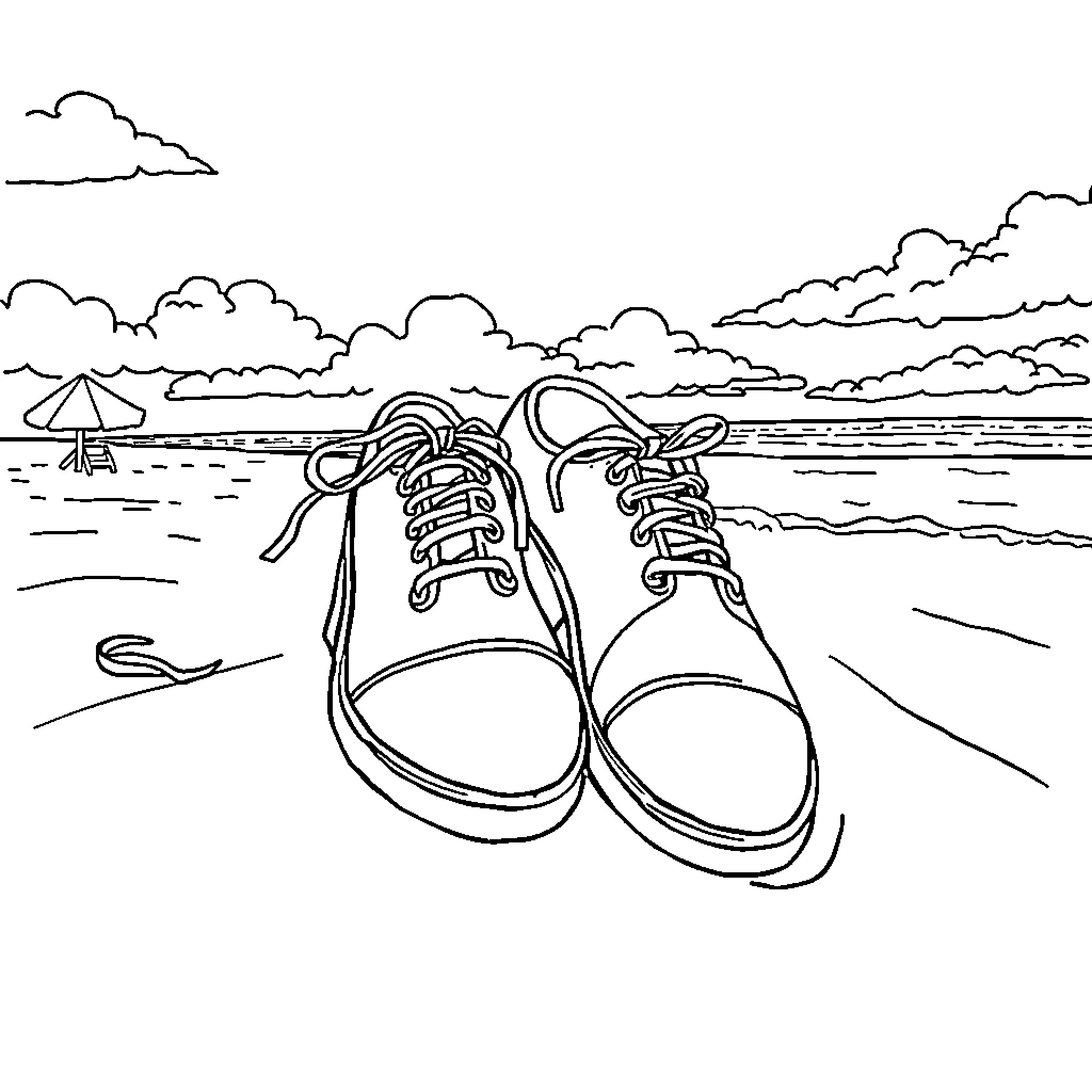 Shoe relaxing by the ocean Coloring Page (free black-and-white line drawing printable PDF for all, from beginners to advanced learners, including children, teens, adults, and seniors)