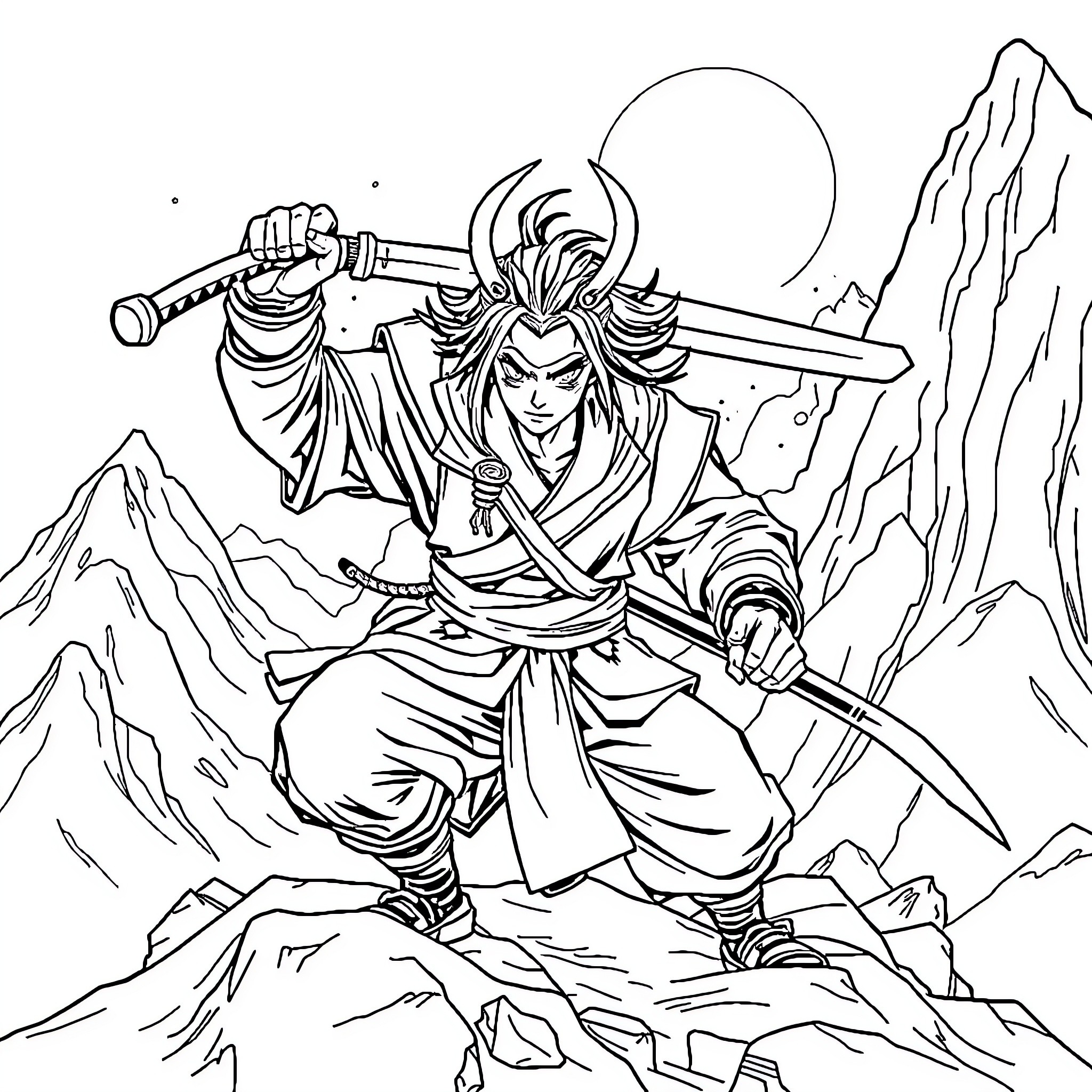 Tanjiro's Heroic Stance in a Mountainous Landscape Coloring Page (free black-and-white line drawing printable PDF for all, from beginners to advanced learners, including children, teens, adults, and seniors)