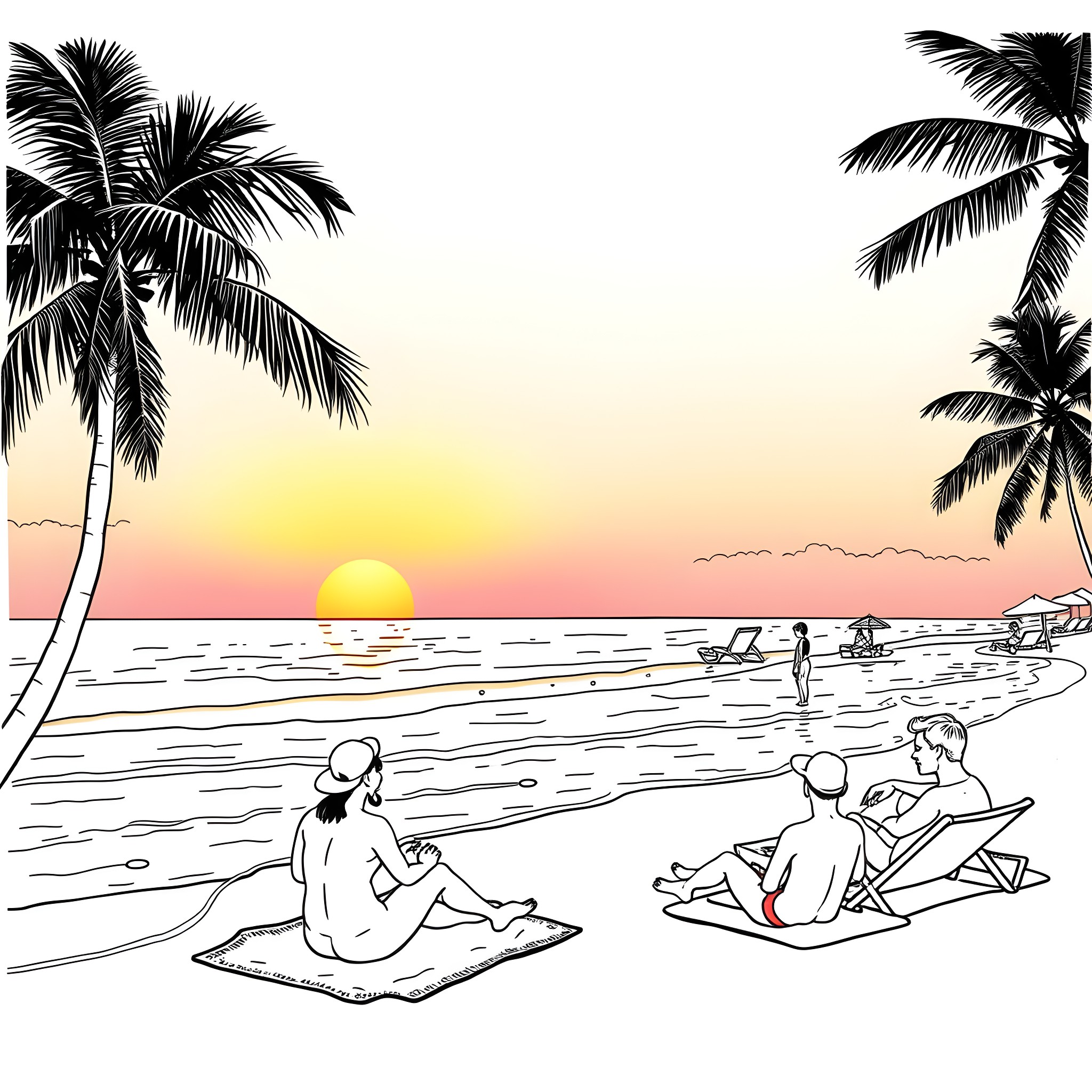 Beach scene with palm trees and sunset Coloring Page (free black-and-white line drawing printable PDF for all, from beginners to advanced learners, including children, teens, adults, and seniors)