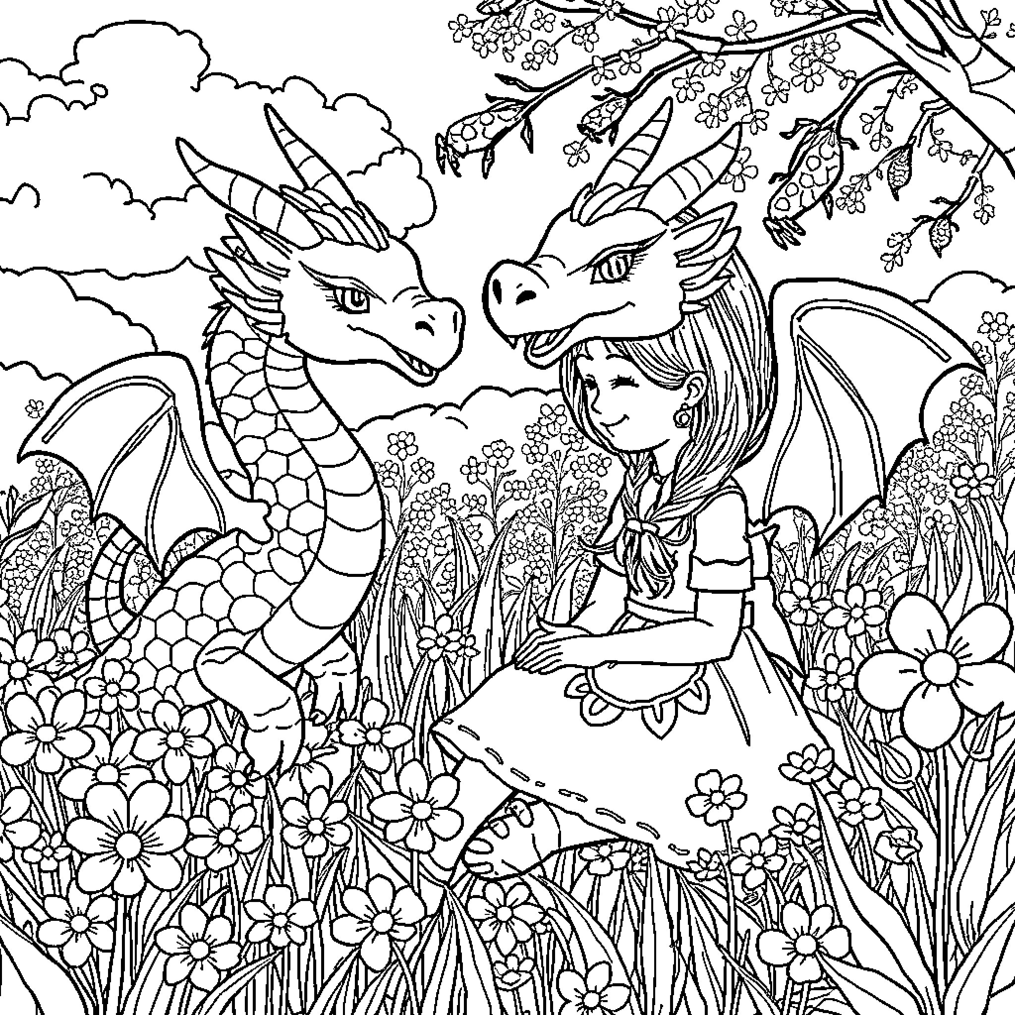 Nina's Enchanting Encounter with Mythical Dragons Coloring Page (free black-and-white line drawing printable PDF for all, from beginners to advanced learners, including children, teens, adults, and seniors)