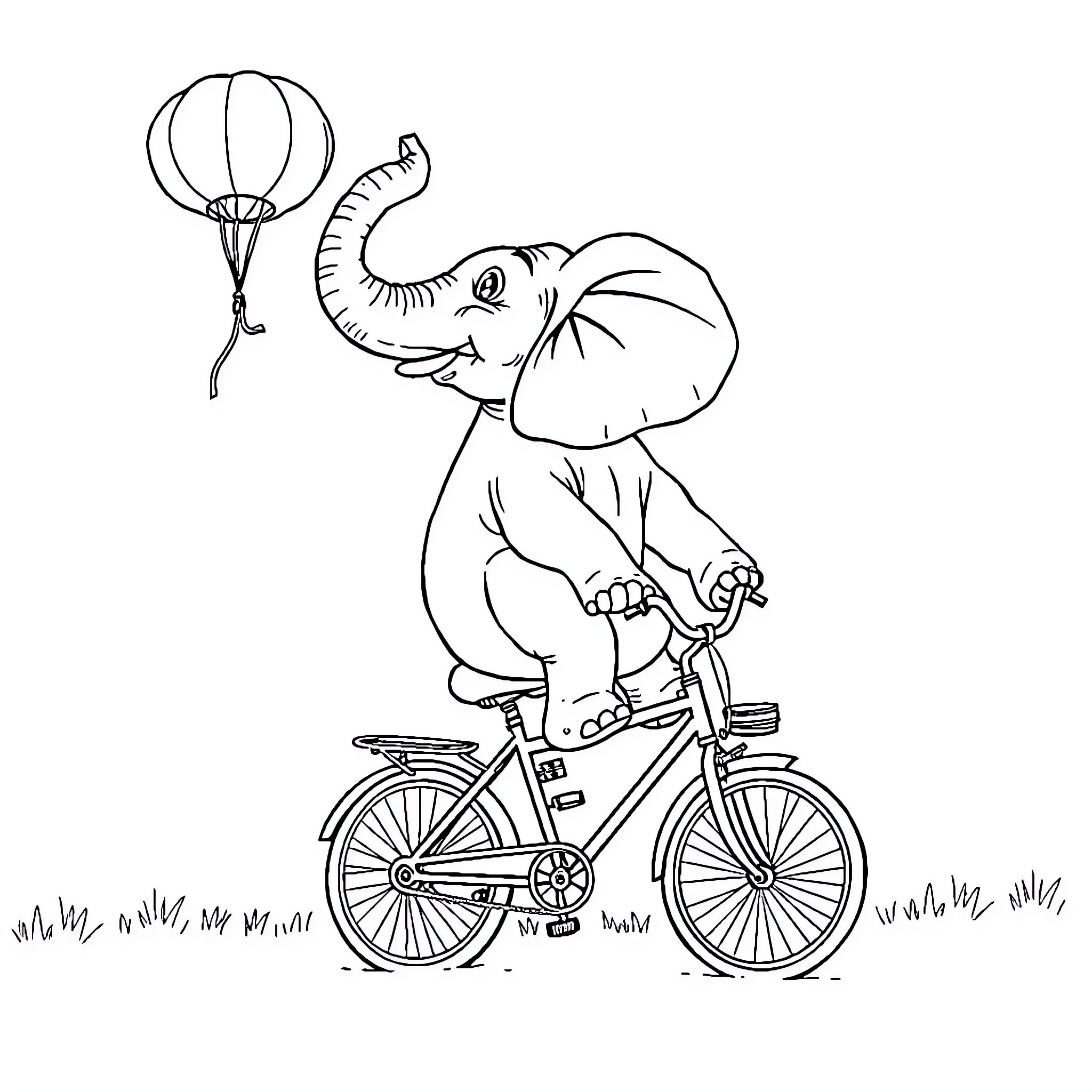 Elephant riding a bicycle with a balloon Coloring Page (free black-and-white line drawing printable PDF for all, from beginners to advanced learners, including children, teens, adults, and seniors)