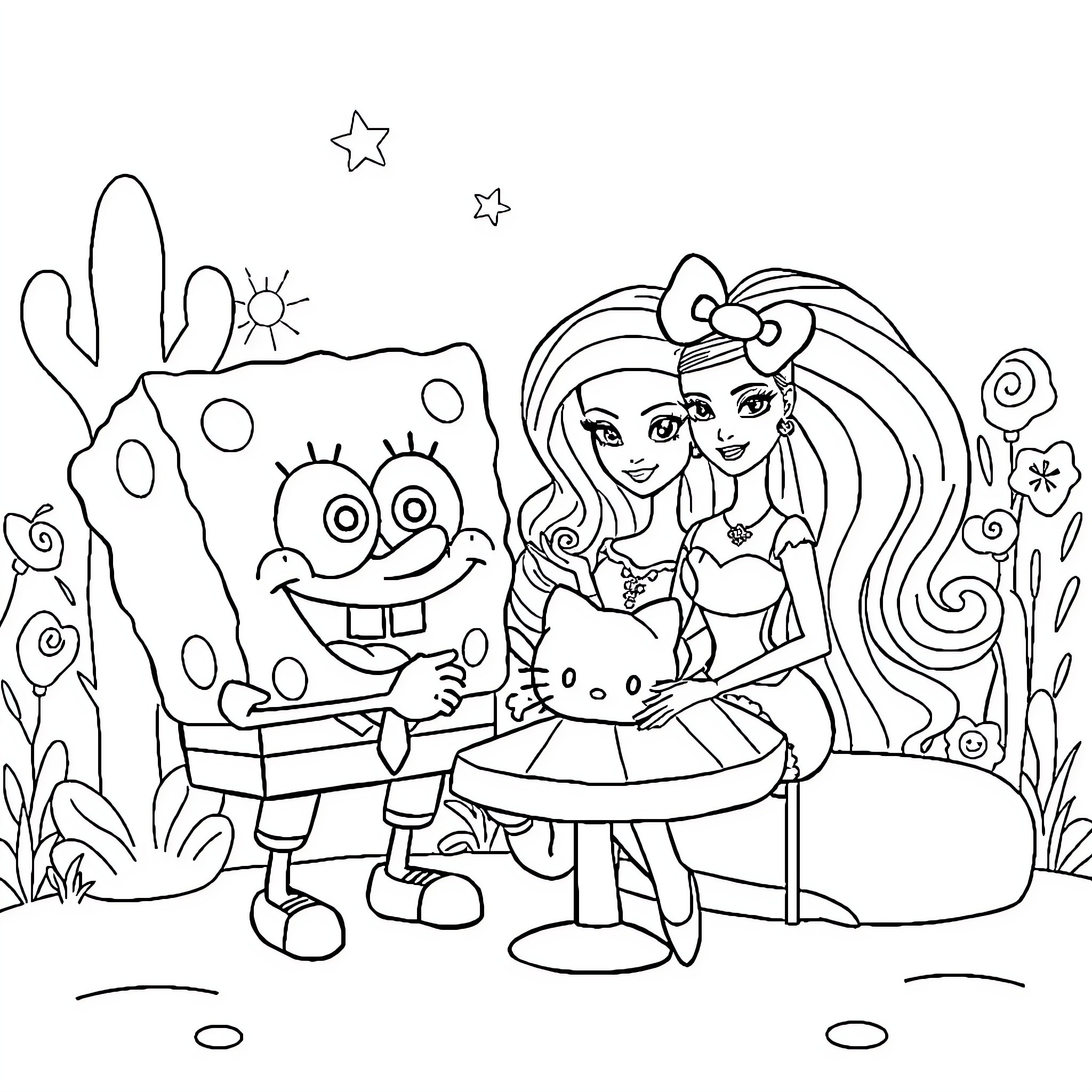 Spongebob and friends in a whimsical scene Coloring Page (free black-and-white line drawing printable PDF for all, from beginners to advanced learners, including children, teens, adults, and seniors)