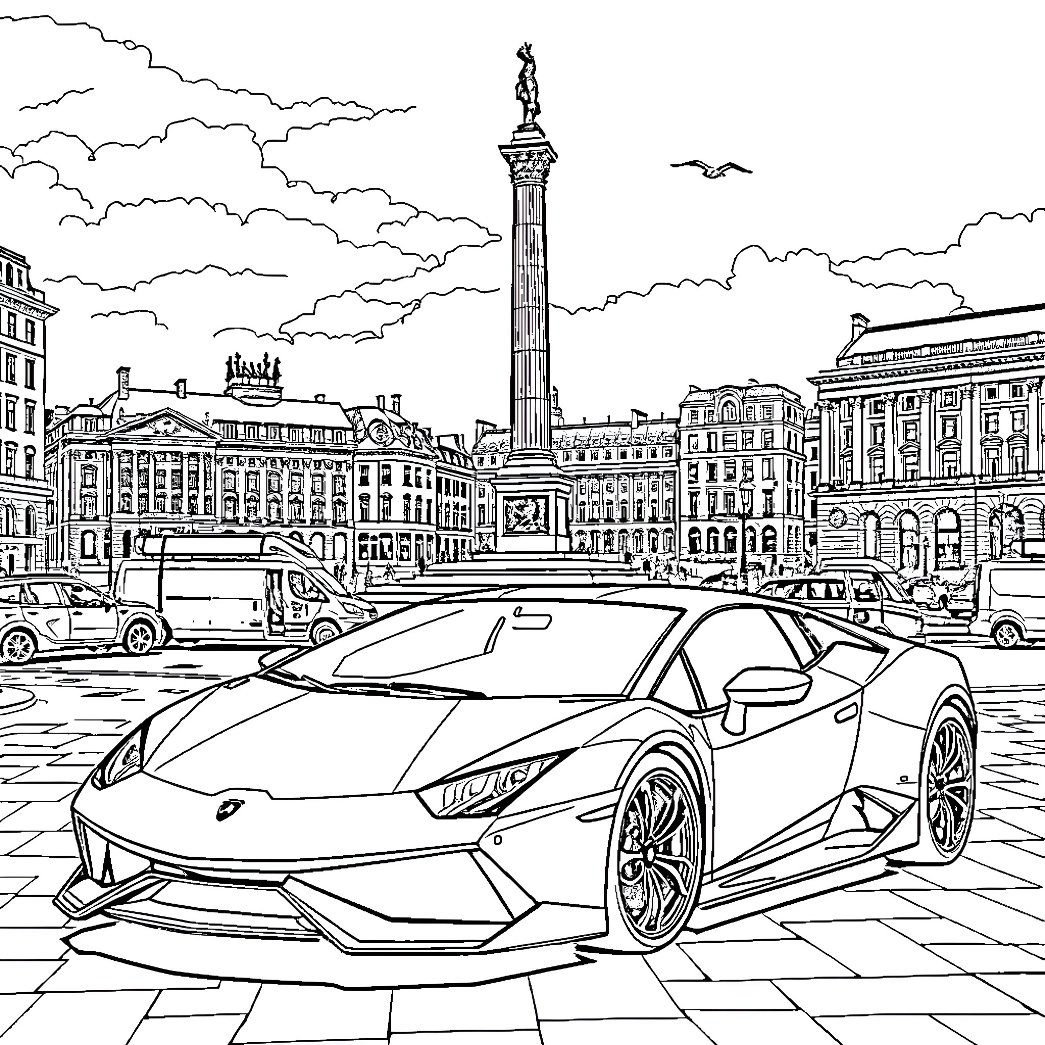 Lamborghini in the Bustling City Square Coloring Page (free black-and-white line drawing printable PDF for all, from beginners to advanced learners, including children, teens, adults, and seniors)