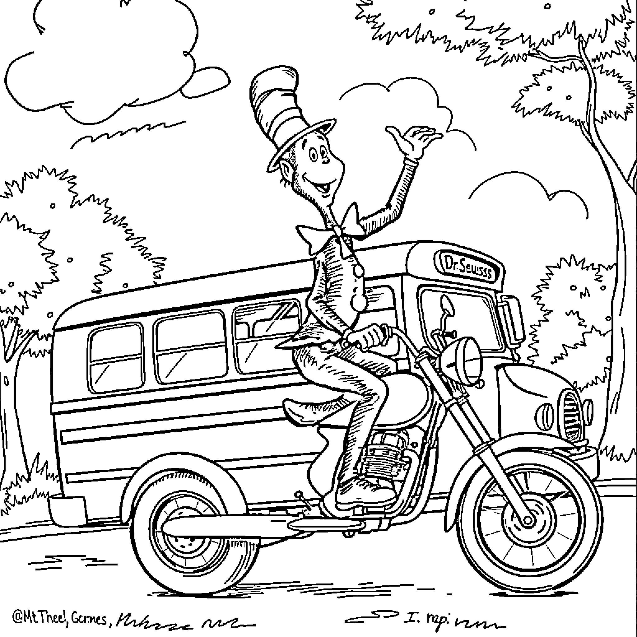 Dr. Seuss character rides whimsical motorcycle in nature Coloring Page (free black-and-white line drawing printable PDF for all, from beginners to advanced learners, including children, teens, adults, and seniors)