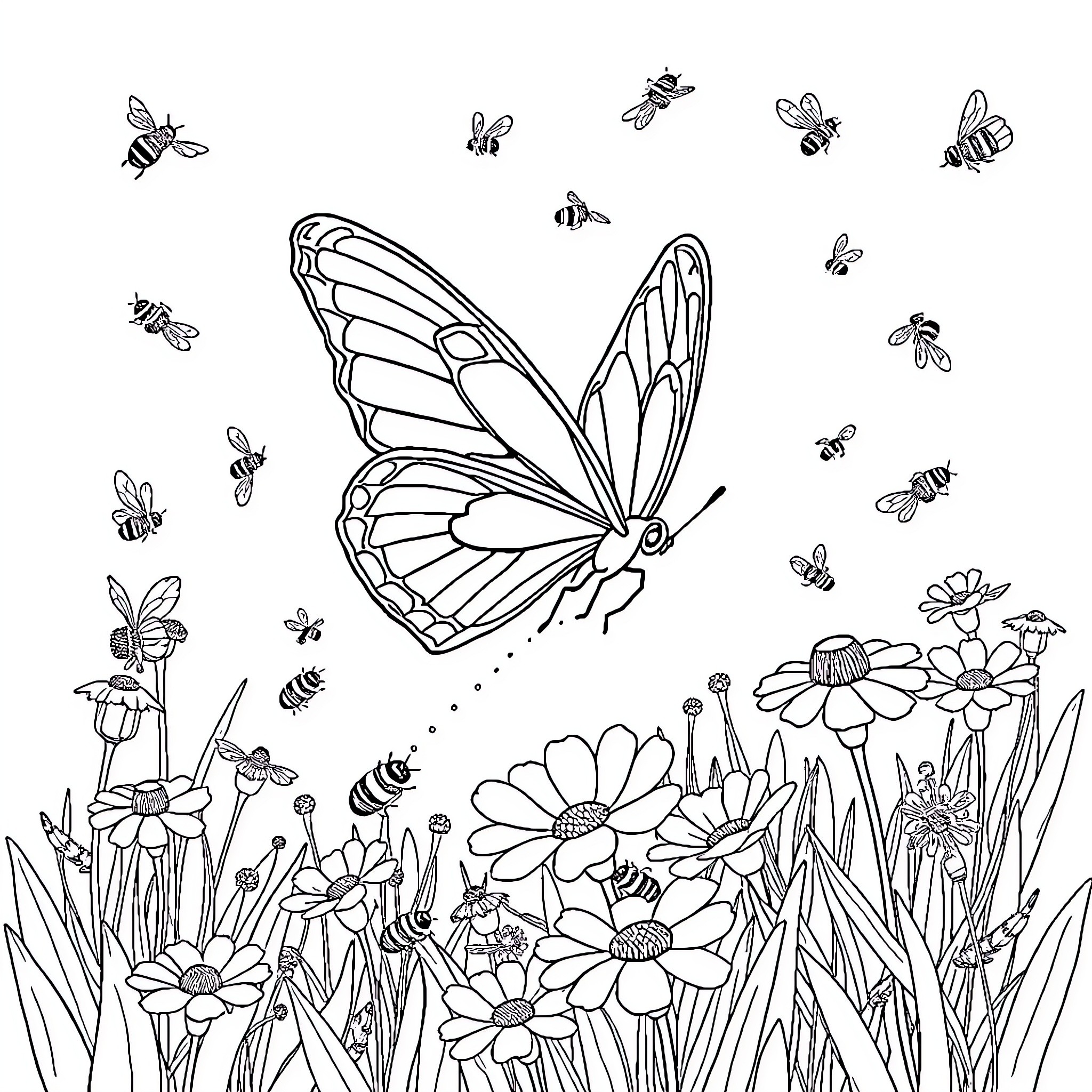 Butterfly surrounded by a whimsical garden scene Coloring Page (free black-and-white line drawing printable PDF for all, from beginners to advanced learners, including children, teens, adults, and seniors)