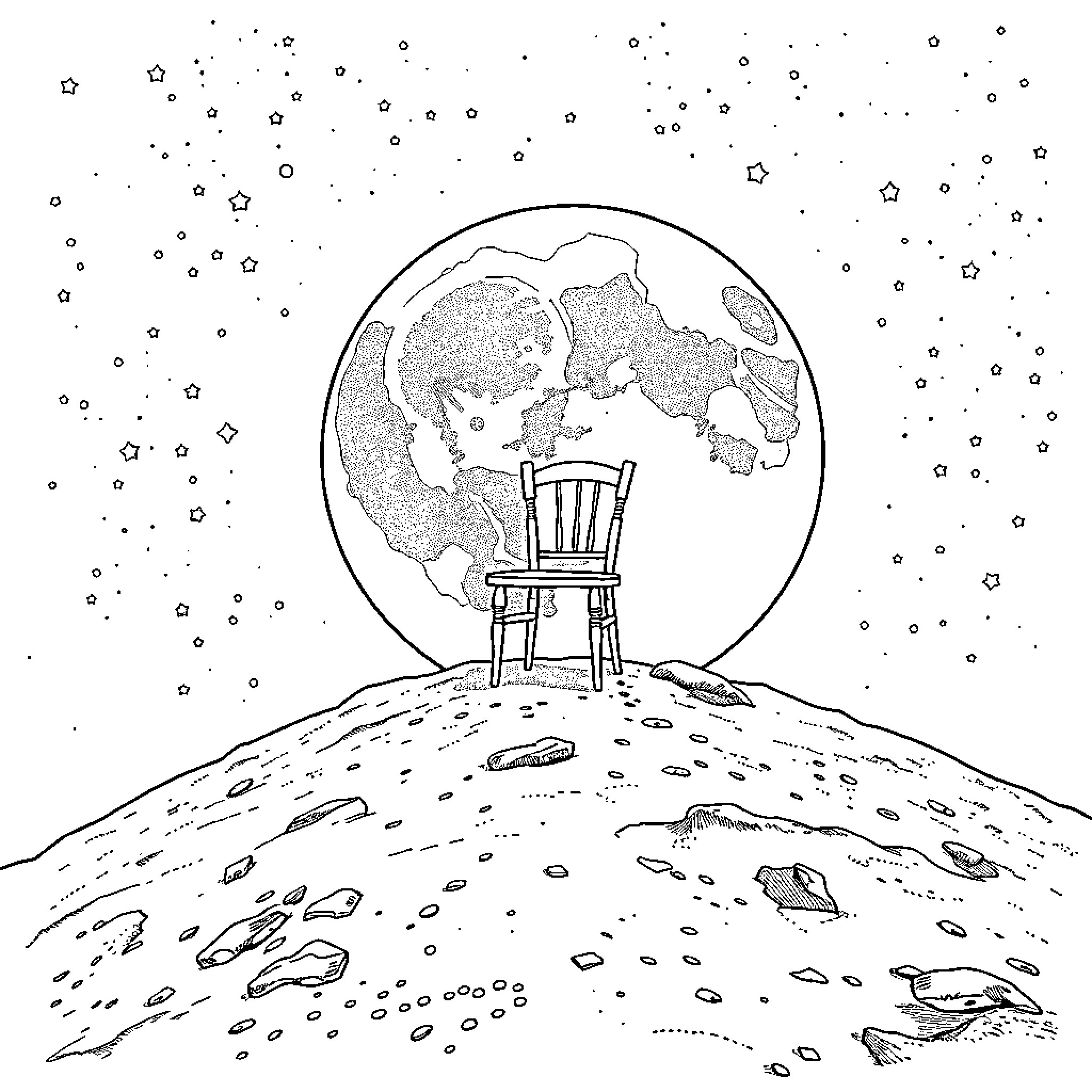 Chair in the Moonlit Landscape Coloring Page (free black-and-white line drawing printable PDF for all, from beginners to advanced learners, including children, teens, adults, and seniors)