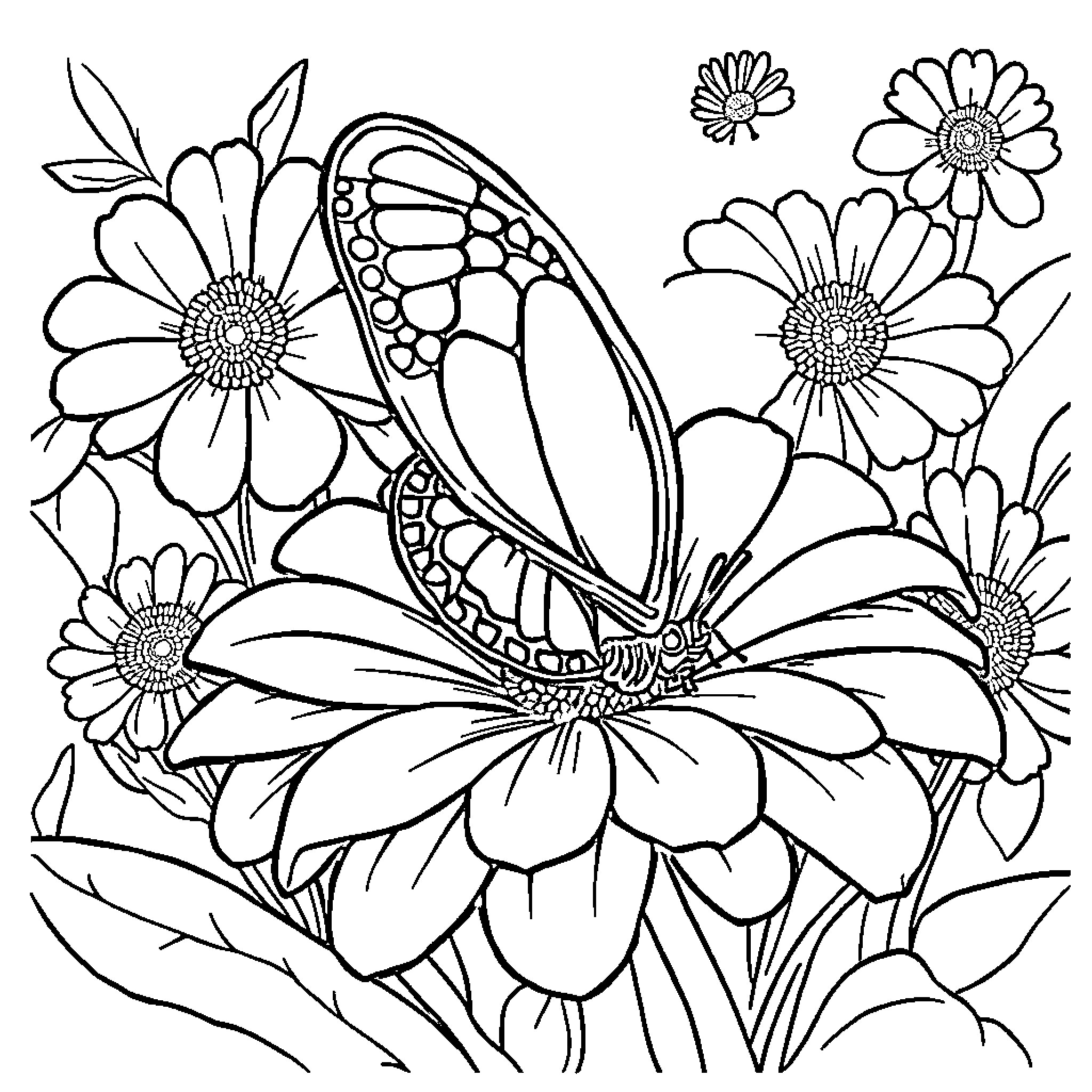 Butterfly amidst vibrant floral arrangement Coloring Page (free black-and-white line drawing printable PDF for all, from beginners to advanced learners, including children, teens, adults, and seniors)