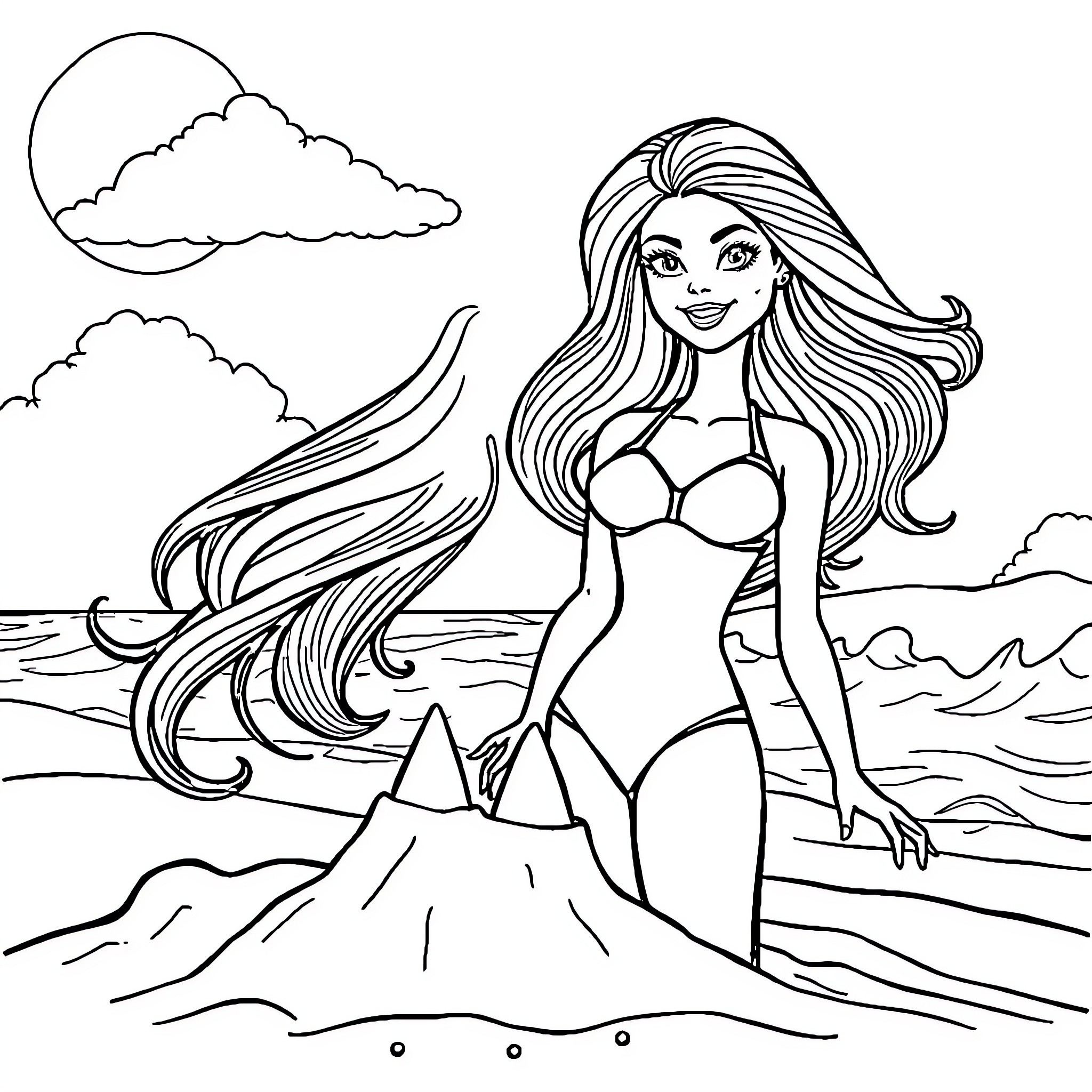 Barbie enjoying a beach day with flowing hair Coloring Page (free black-and-white line drawing printable PDF for all, from beginners to advanced learners, including children, teens, adults, and seniors)