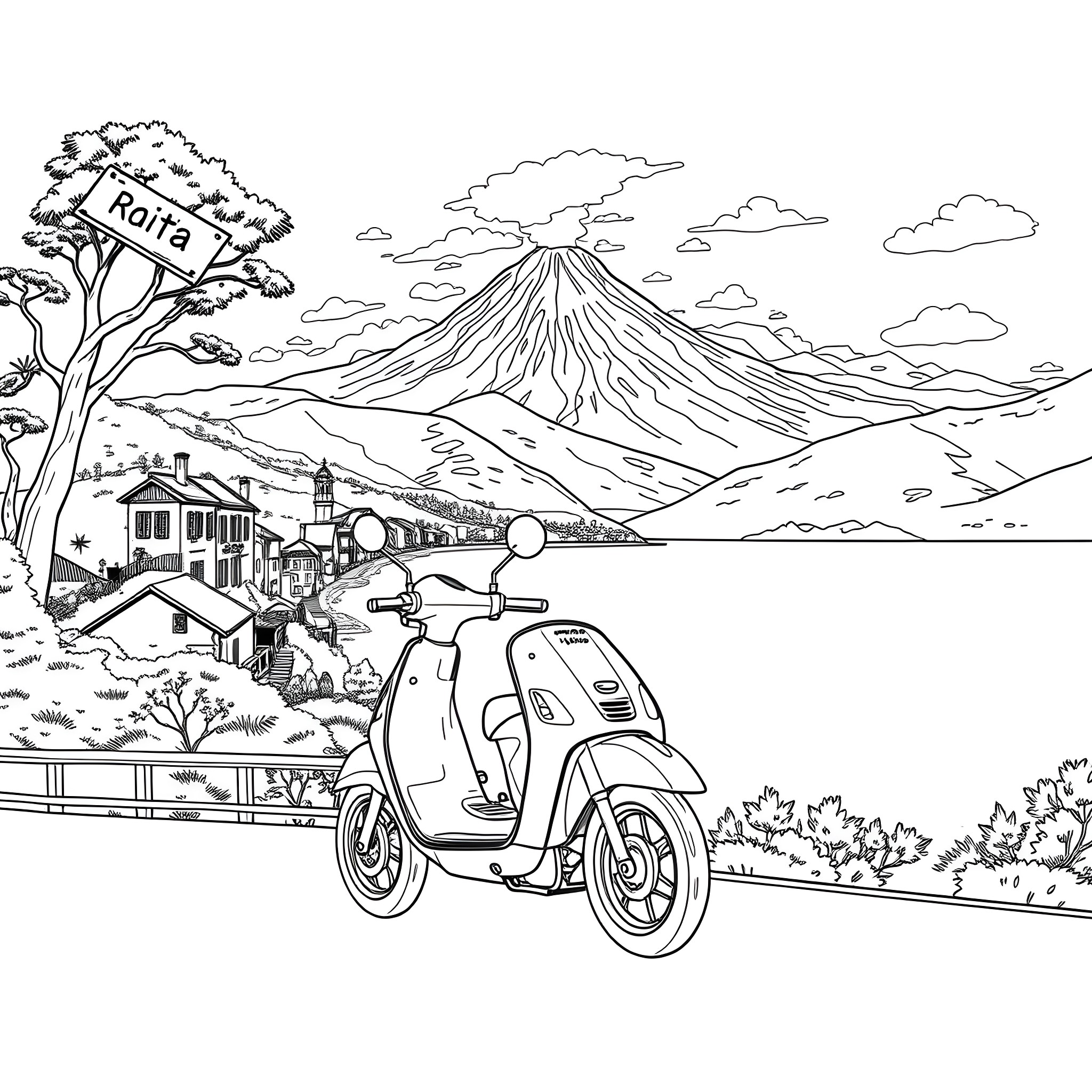 Scooter in scenic mountain landscape Coloring Page (free black-and-white line drawing printable PDF for all, from beginners to advanced learners, including children, teens, adults, and seniors)