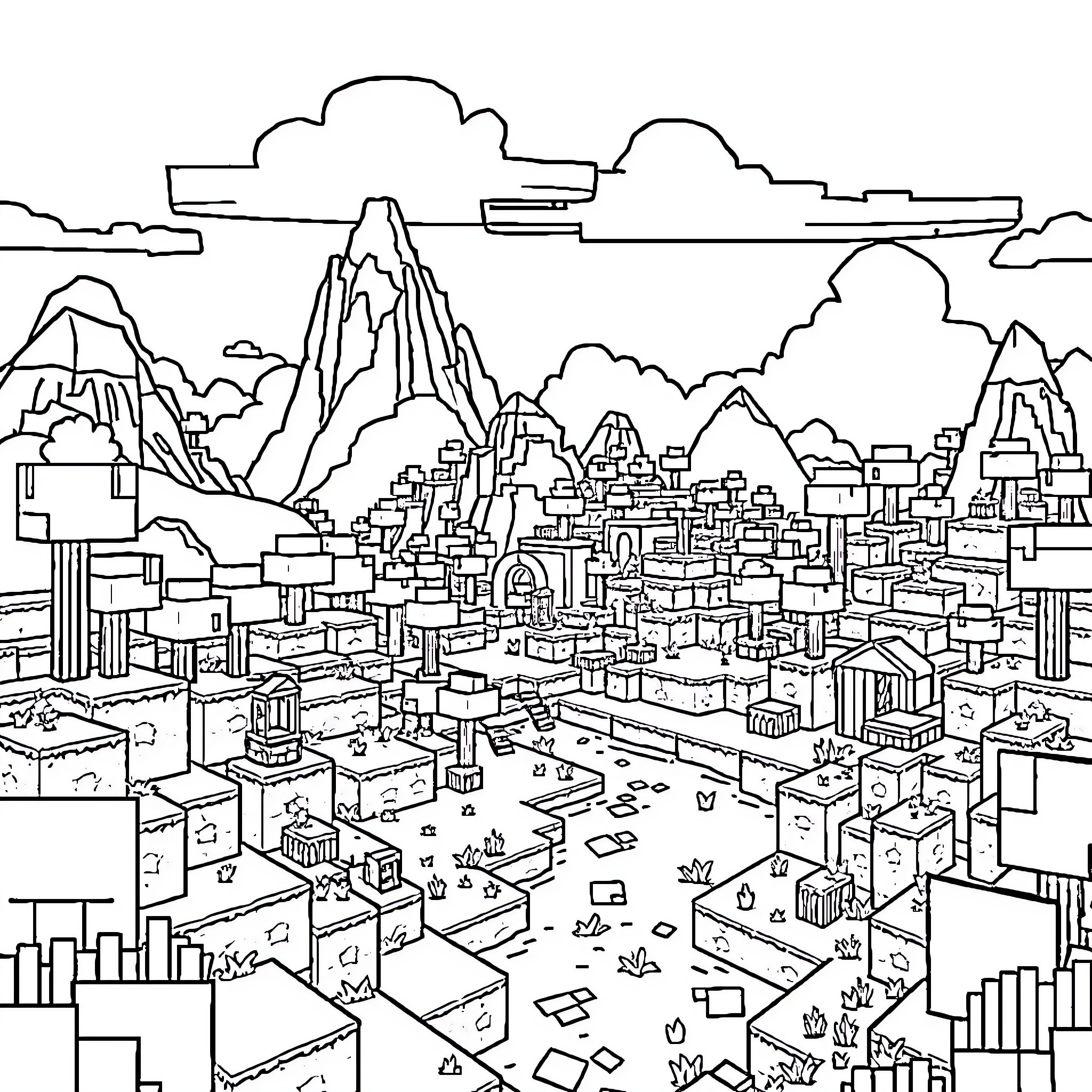 Minecraft city with towering mountains and landscape Coloring Page (free black-and-white line drawing printable PDF for all, from beginners to advanced learners, including children, teens, adults, and seniors)