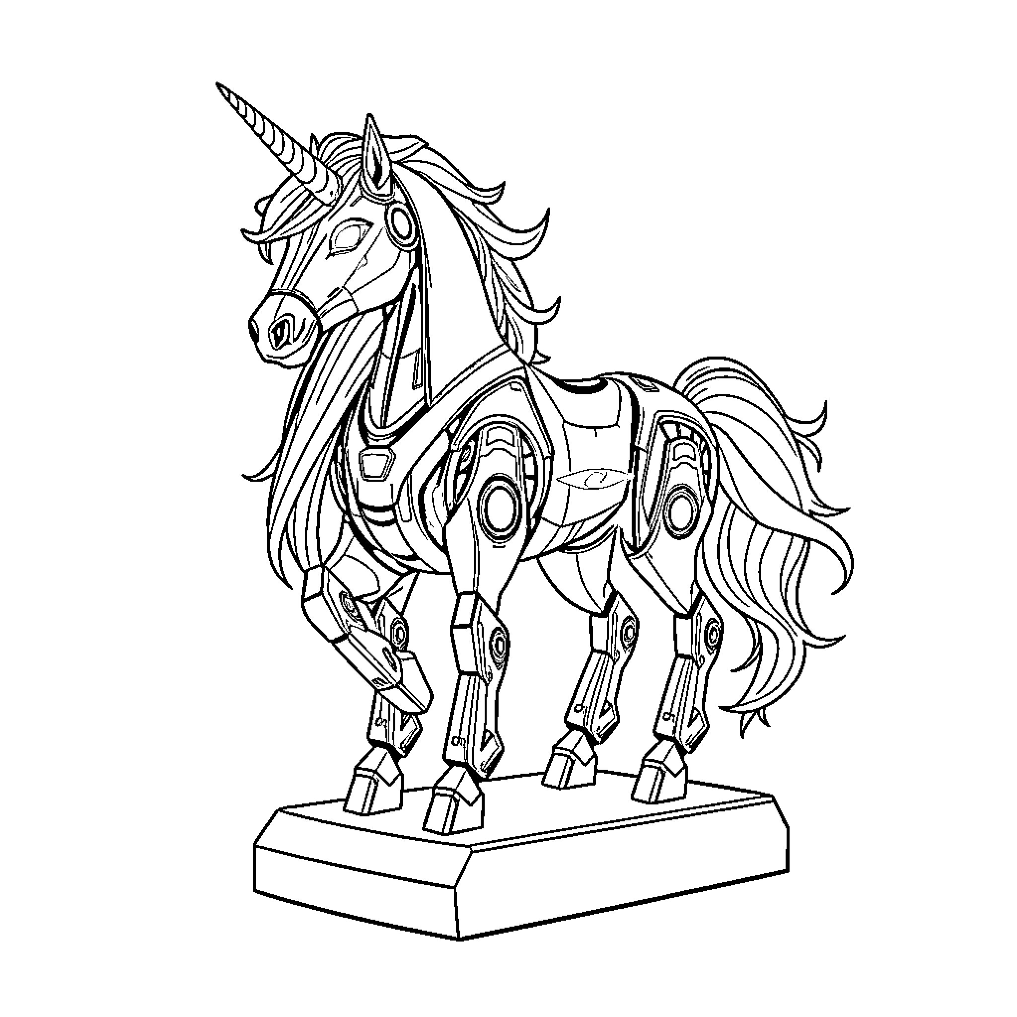 Robot Unicorn standing proudly on a pedestal Coloring Page (free black-and-white line drawing printable PDF for all, from beginners to advanced learners, including children, teens, adults, and seniors)