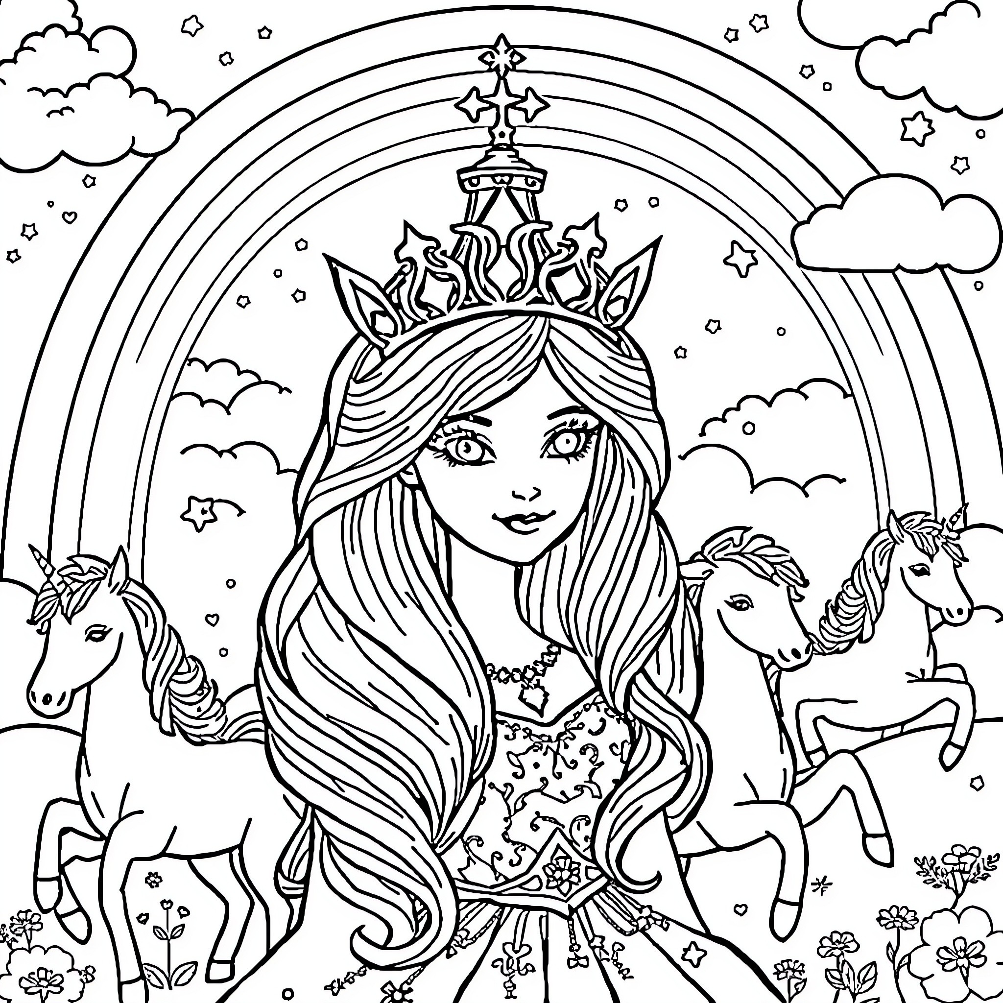 Princess in a magical realm with unicorns and rainbow Coloring Page (free black-and-white line drawing printable PDF for all, from beginners to advanced learners, including children, teens, adults, and seniors)