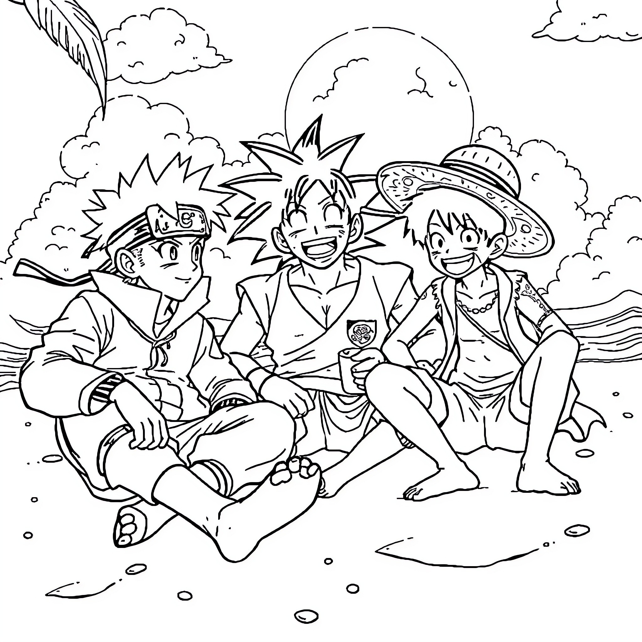 Naruto and friends enjoying an adventure in the outdoors Coloring Page (free black-and-white line drawing printable PDF for all, from beginners to advanced learners, including children, teens, adults, and seniors)