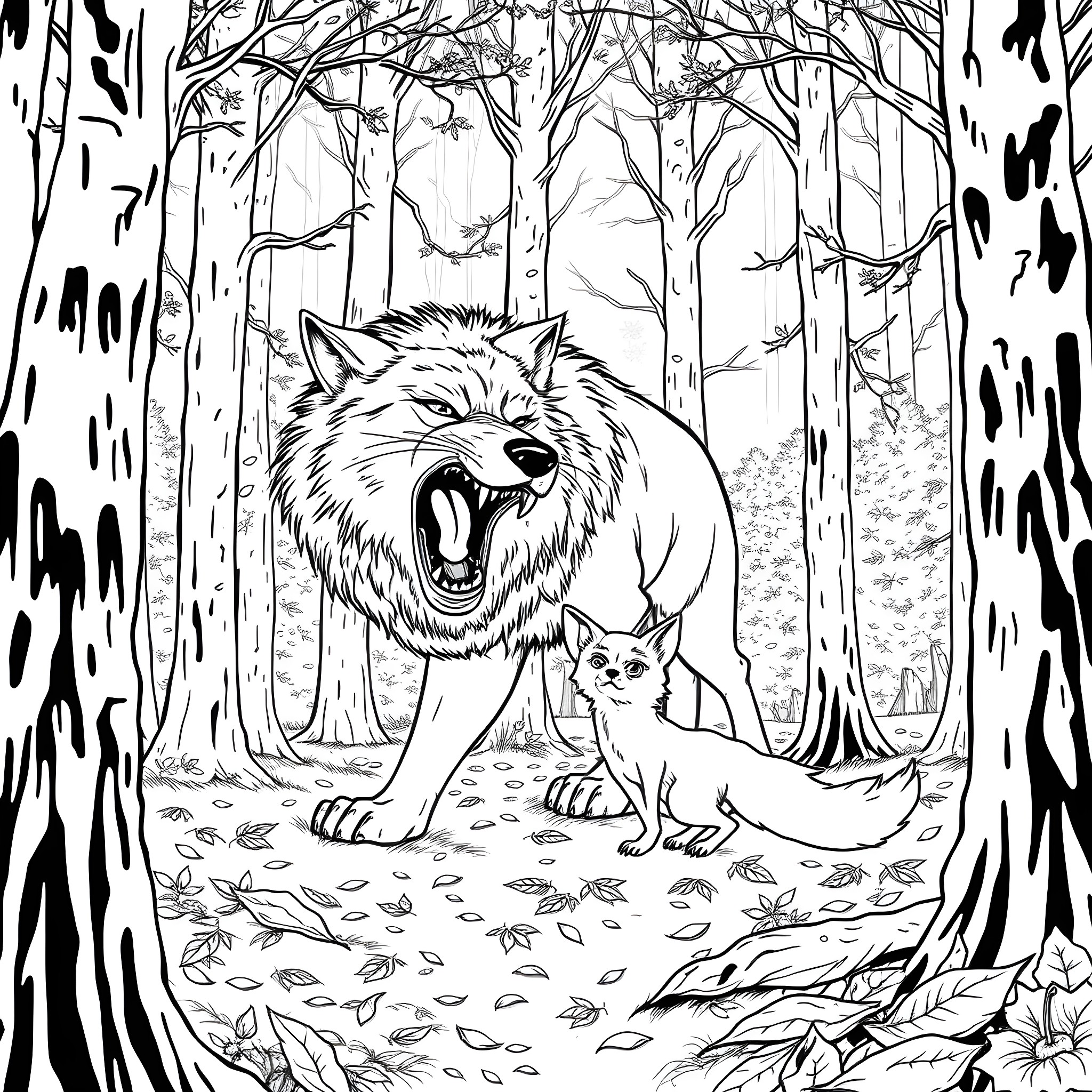 Fox roaring in the enchanted forest Coloring Page (free black-and-white line drawing printable PDF for all, from beginners to advanced learners, including children, teens, adults, and seniors)