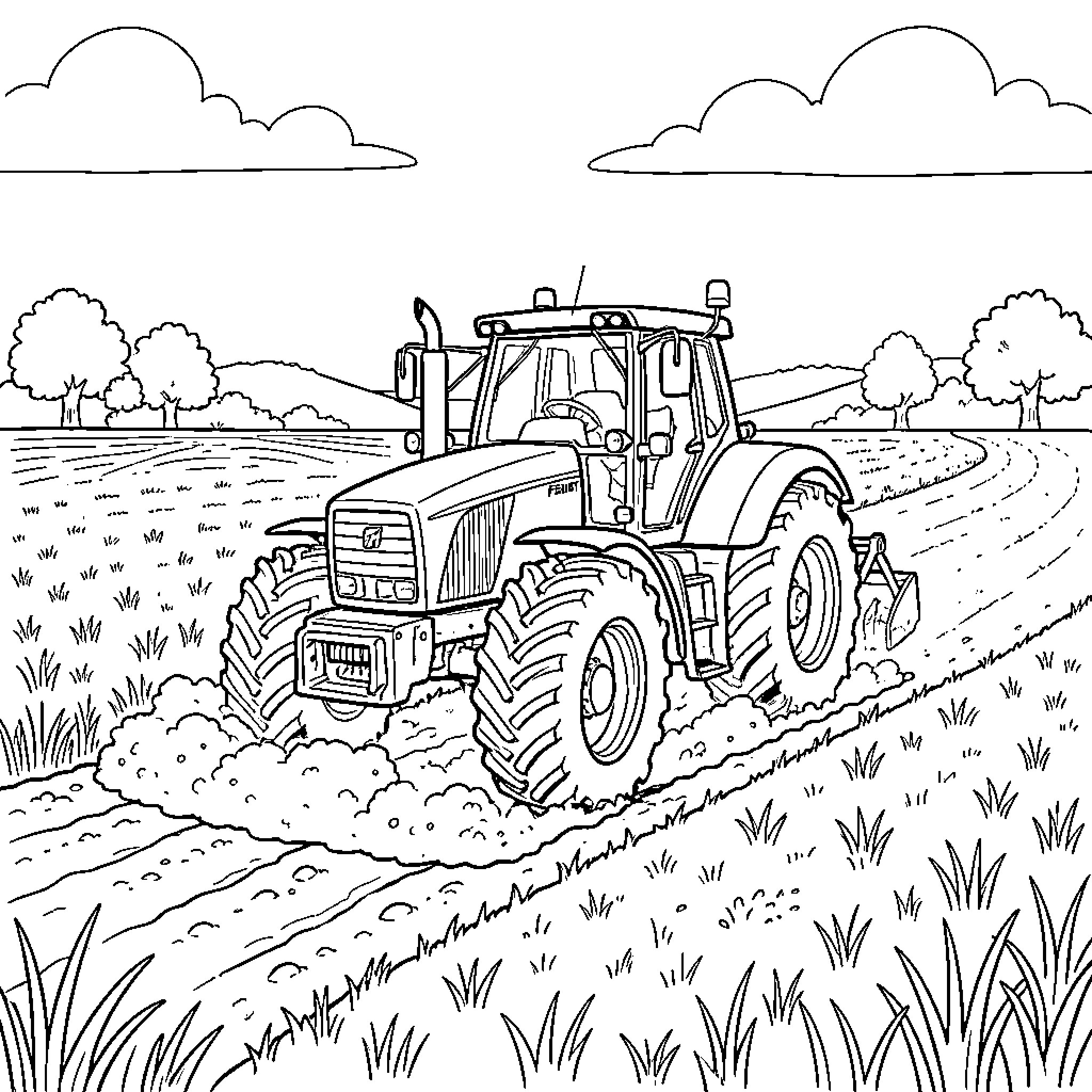 Tractor plowing the field in rural landscape Coloring Page (free black-and-white line drawing printable PDF for all, from beginners to advanced learners, including children, teens, adults, and seniors)