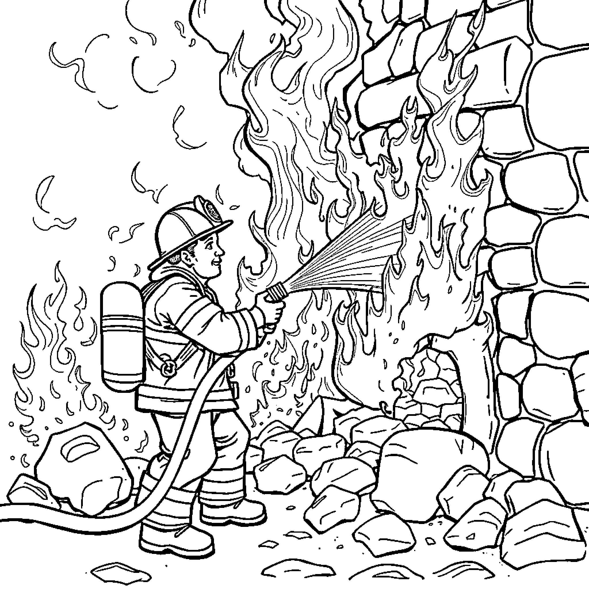 Fireman battling a raging fire in a rocky terrain Coloring Page (free black-and-white line drawing printable PDF for all, from beginners to advanced learners, including children, teens, adults, and seniors)