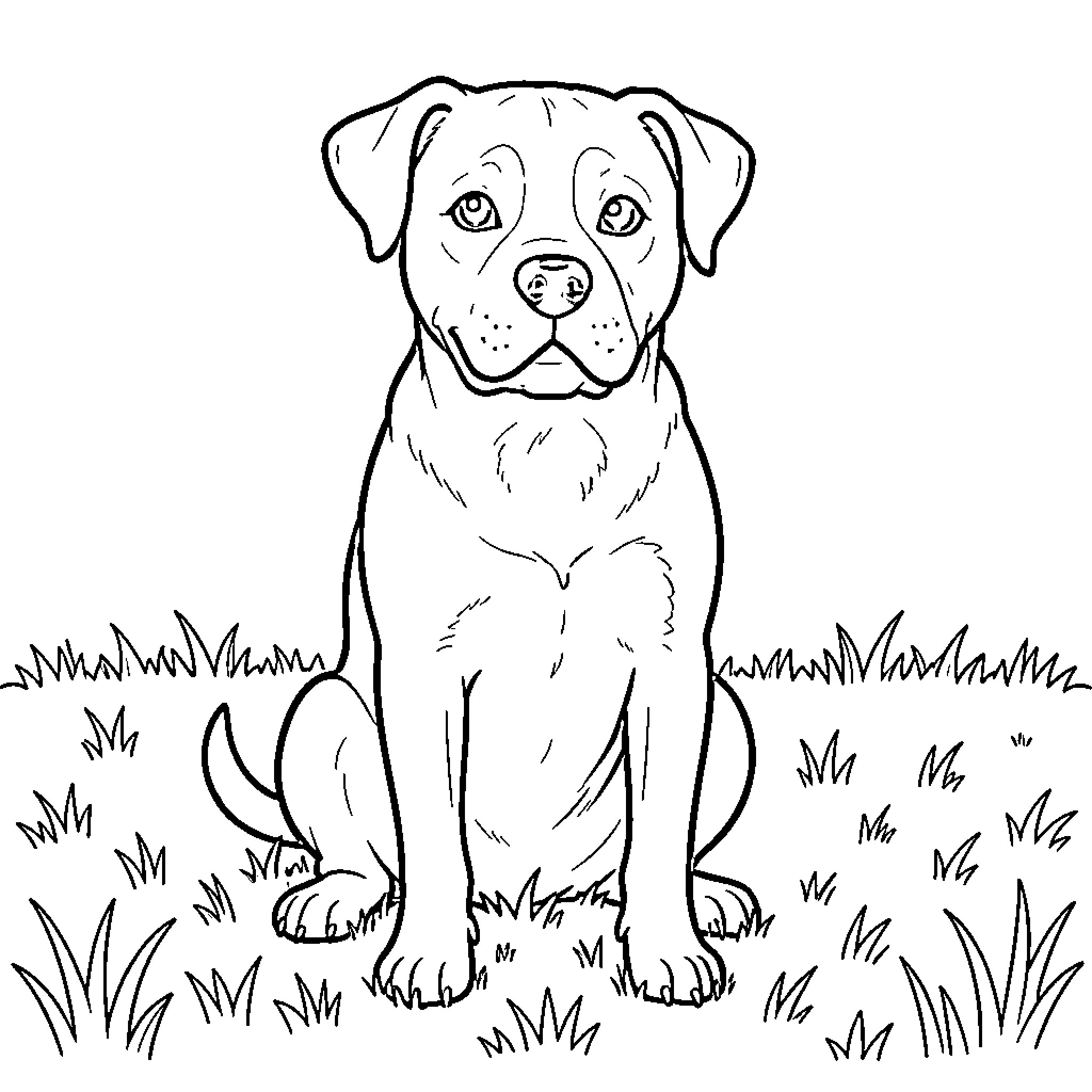 Staffy sitting calmly in the grassy field Coloring Page (free black-and-white line drawing printable PDF for all, from beginners to advanced learners, including children, teens, adults, and seniors)