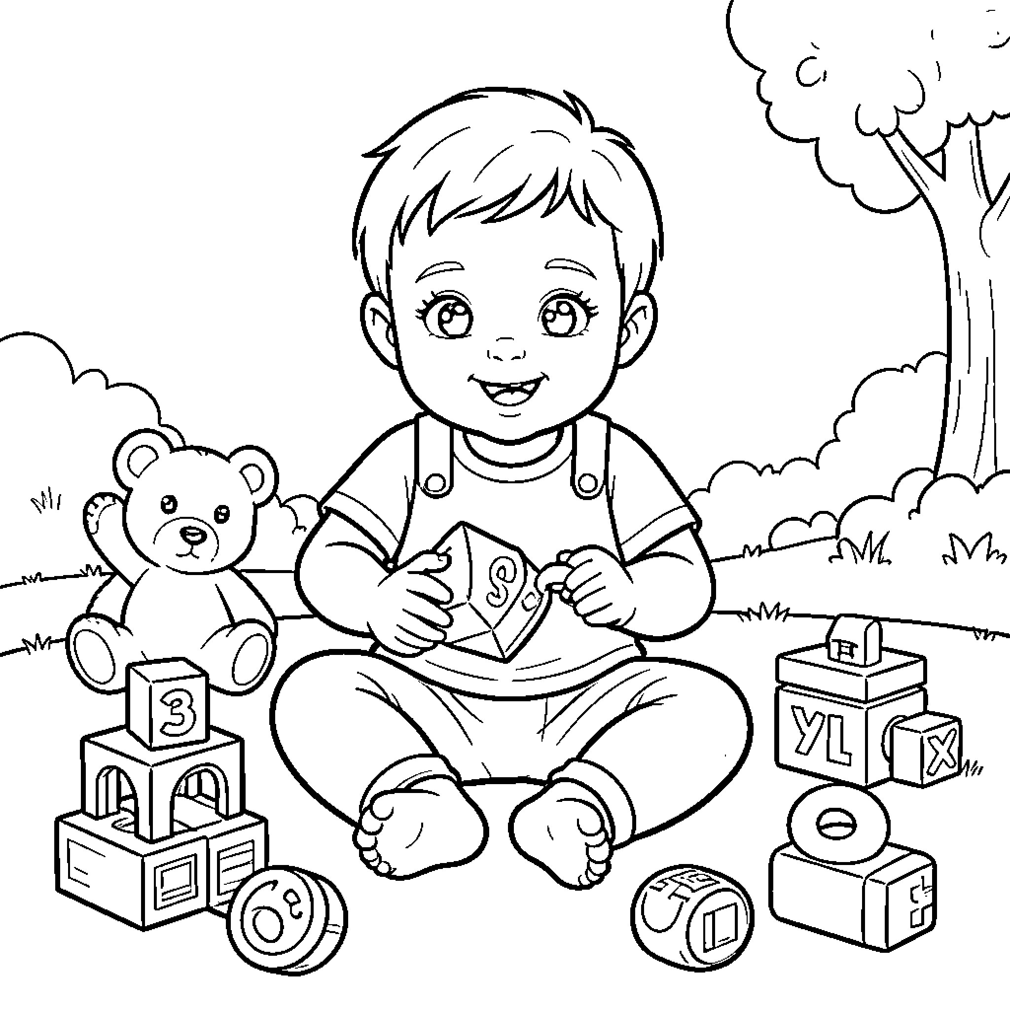 Baby playing with toys outdoors in the grass Coloring Page (free black-and-white line drawing printable PDF for all, from beginners to advanced learners, including children, teens, adults, and seniors)