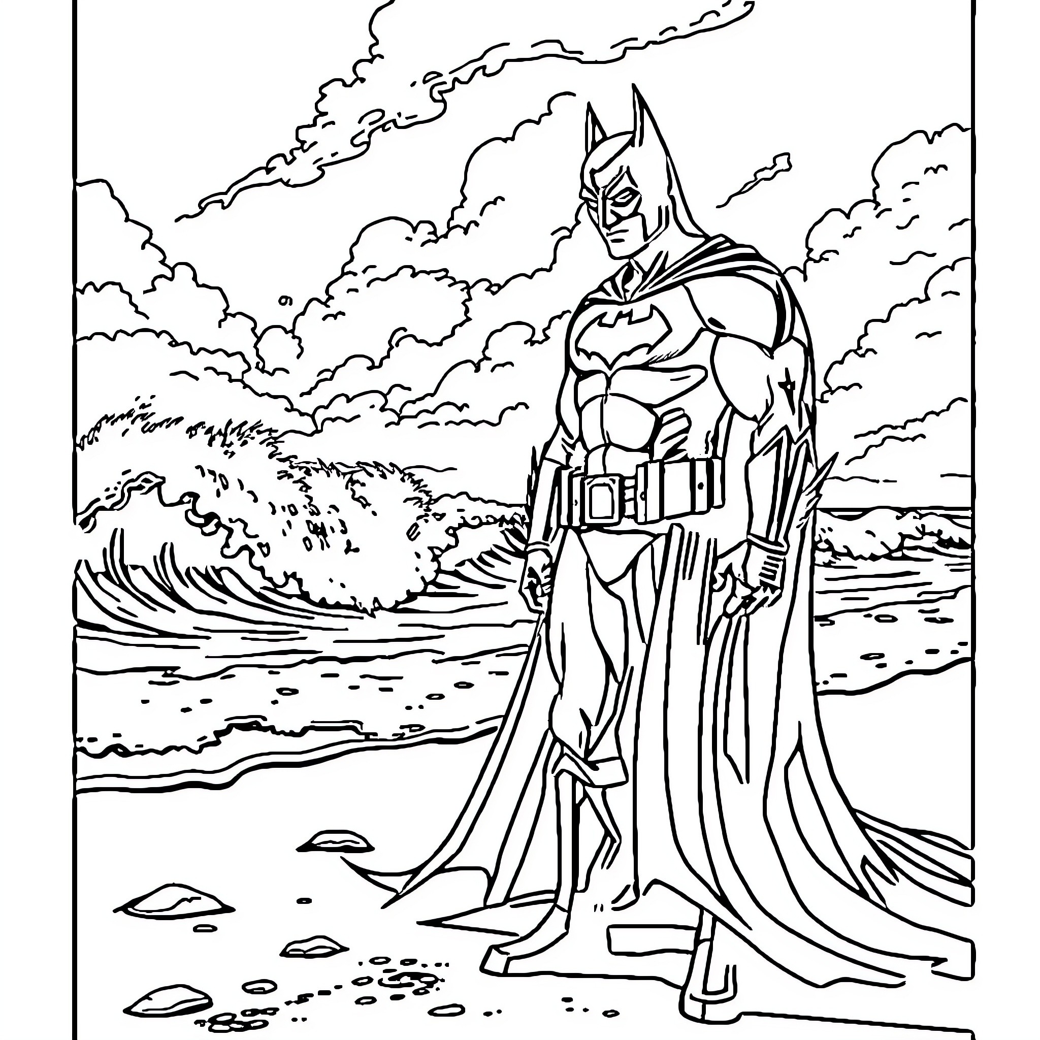 Batman in heroic pose against stormy sky Coloring Page (free black-and-white line drawing printable PDF for all, from beginners to advanced learners, including children, teens, adults, and seniors)