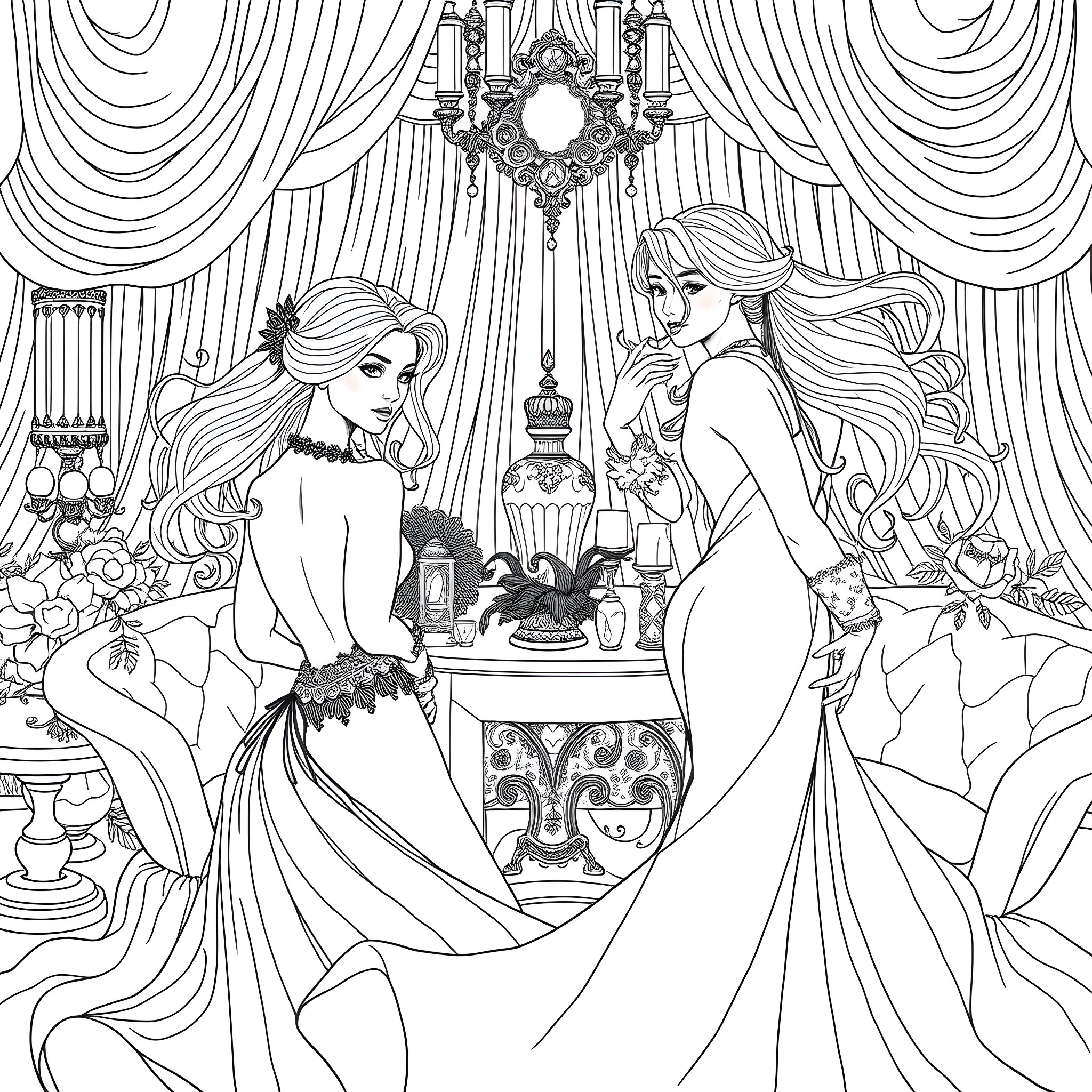 Women in elegant dresses in a lavish interior setting Coloring Page (free black-and-white line drawing printable PDF for all, from beginners to advanced learners, including children, teens, adults, and seniors)