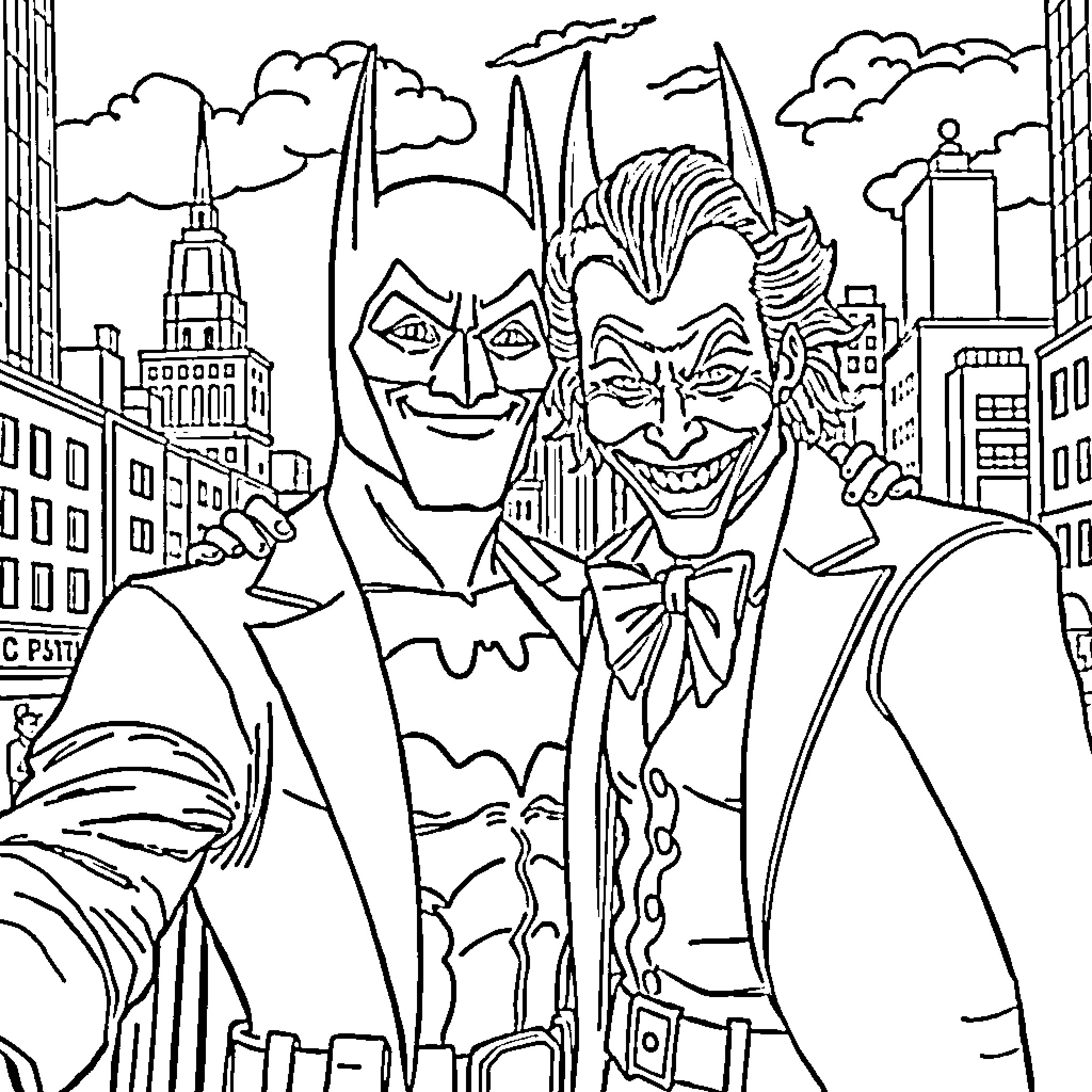 Batman and Joker in Gotham City Showdown Coloring Page (free black-and-white line drawing printable PDF for all, from beginners to advanced learners, including children, teens, adults, and seniors)