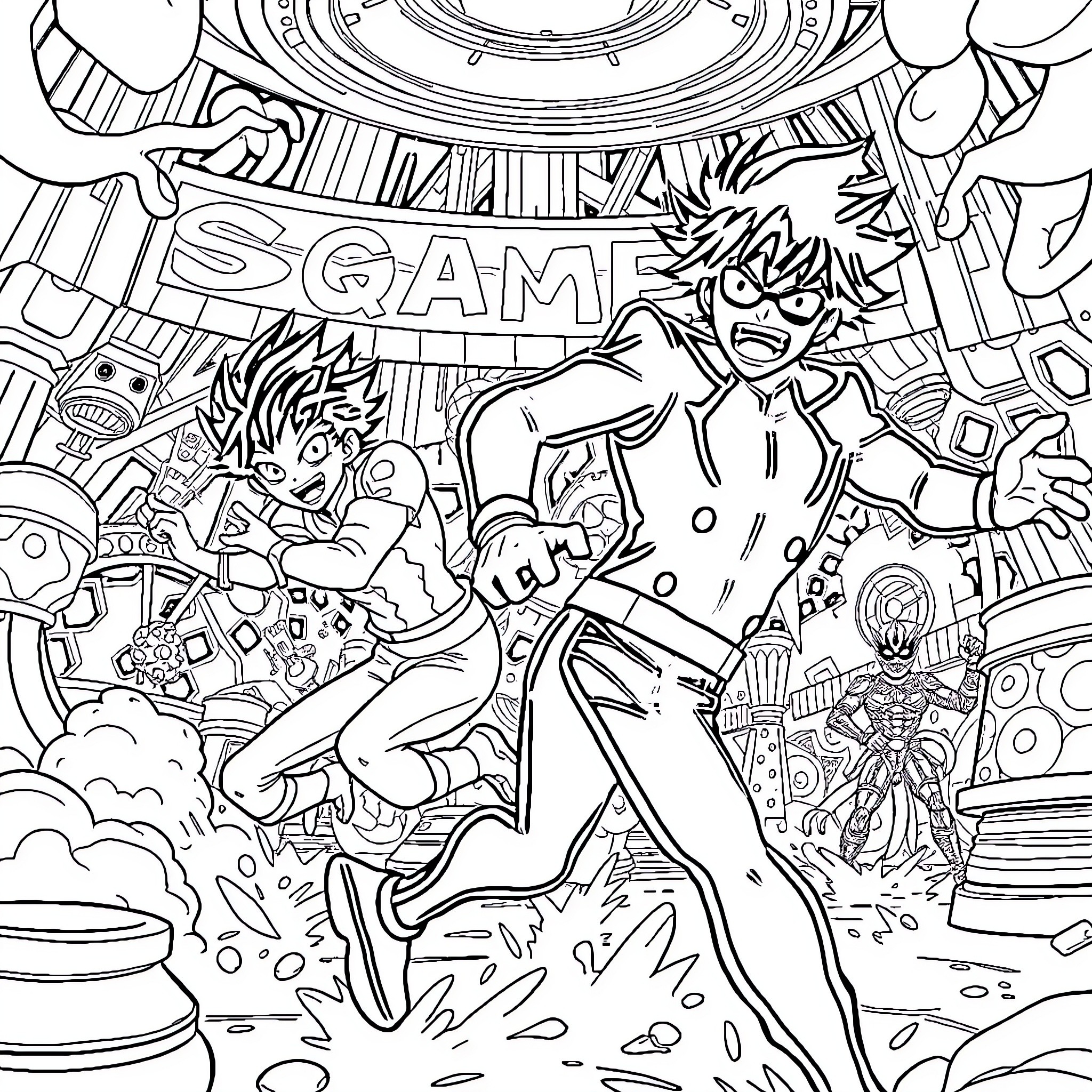 My Hero Academia: Characters in Action-Packed Scenes Coloring Page (free black-and-white line drawing printable PDF for all, from beginners to advanced learners, including children, teens, adults, and seniors)