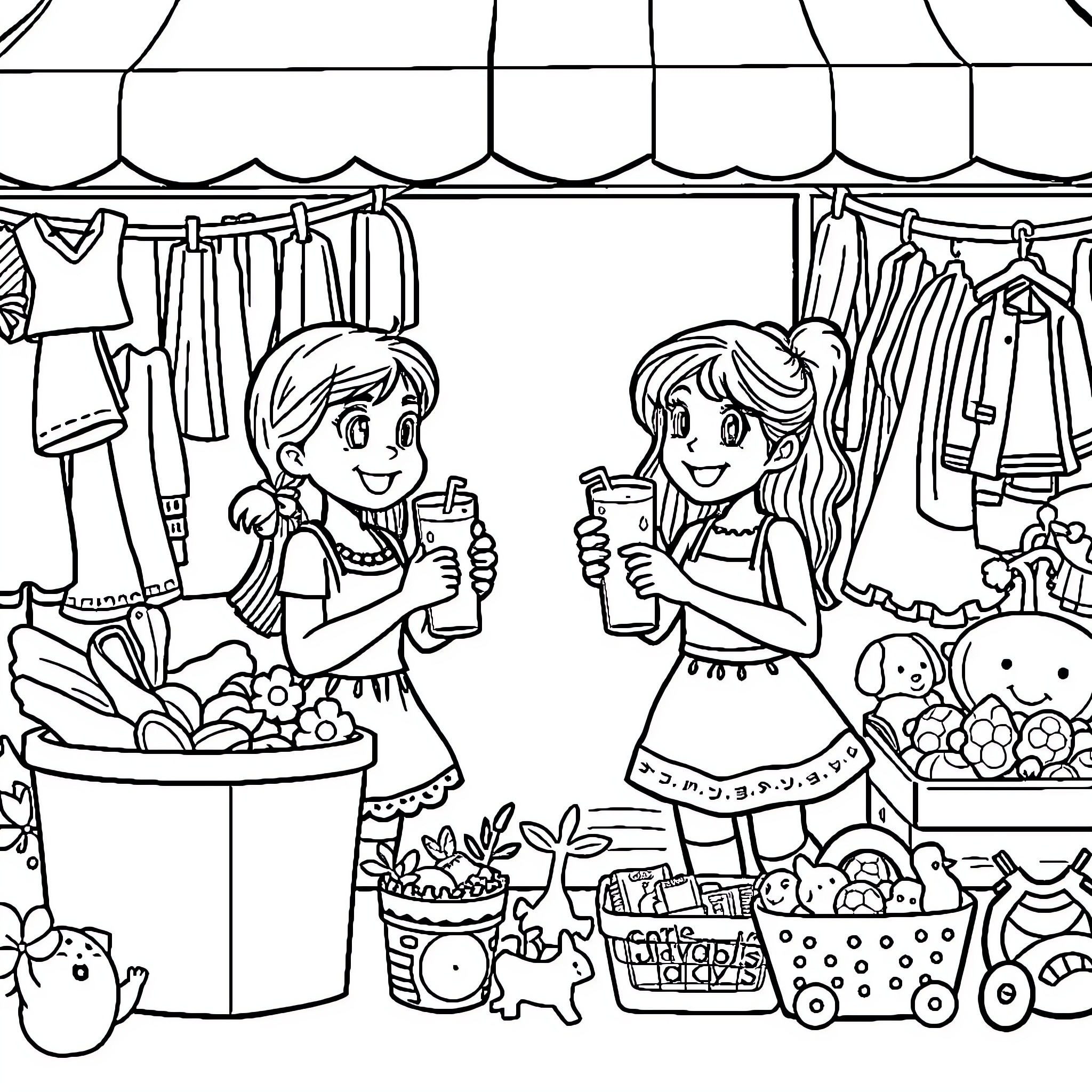 Sister Shopping at the Outdoor Market Coloring Page (free black-and-white line drawing printable PDF for all, from beginners to advanced learners, including children, teens, adults, and seniors)