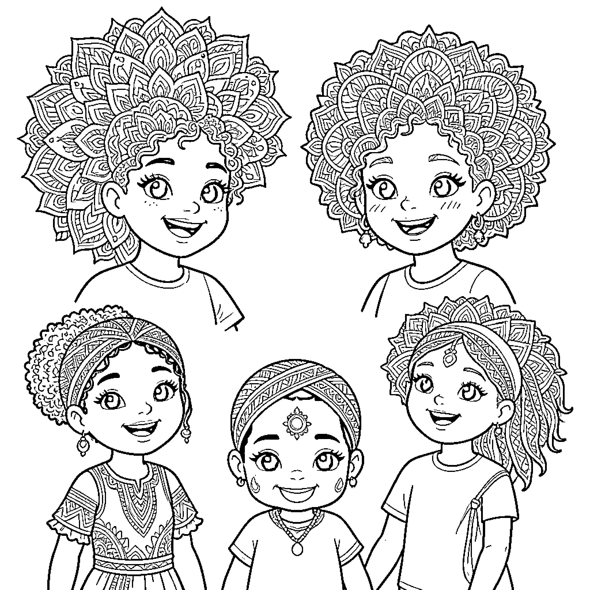 Diversity of Colorful Character Expressions Coloring Page (free black-and-white line drawing printable PDF for all, from beginners to advanced learners, including children, teens, adults, and seniors)