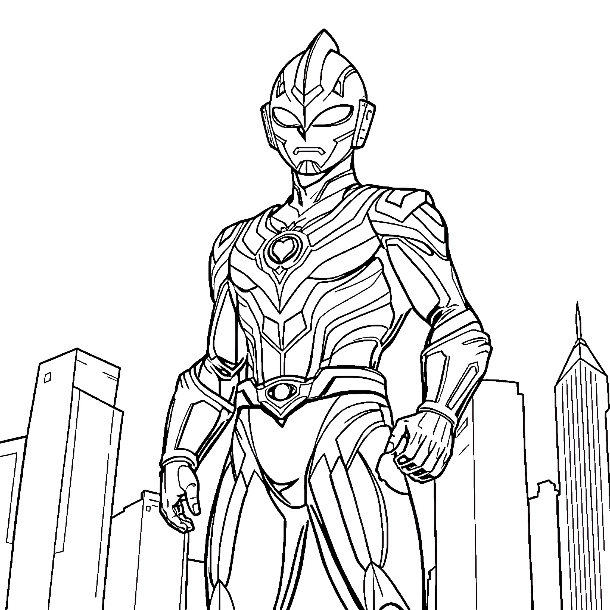 Ultraman poses heroically in the city skyline Coloring Page (free black-and-white line drawing printable PDF for all, from beginners to advanced learners, including children, teens, adults, and seniors)