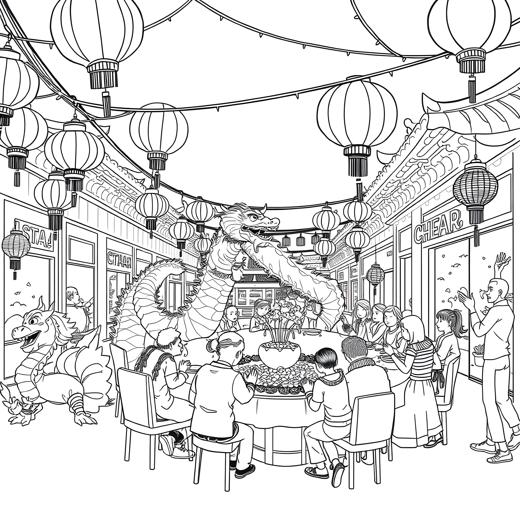 Chinese New Year celebration with dragon performance Coloring Page (free black-and-white line drawing printable PDF for all, from beginners to advanced learners, including children, teens, adults, and seniors)