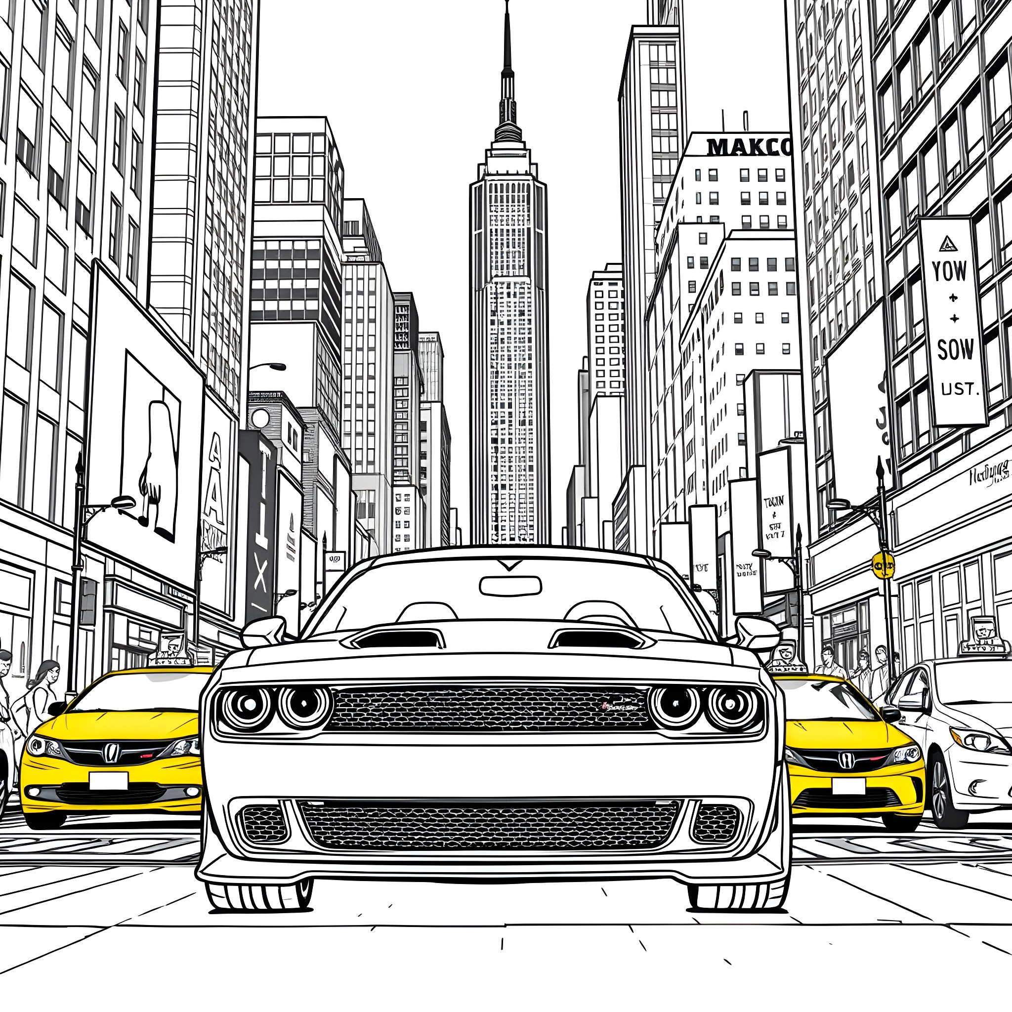 Dodge Challengers speeding through the busy New York cityscape Coloring Page (free black-and-white line drawing printable PDF for all, from beginners to advanced learners, including children, teens, adults, and seniors)