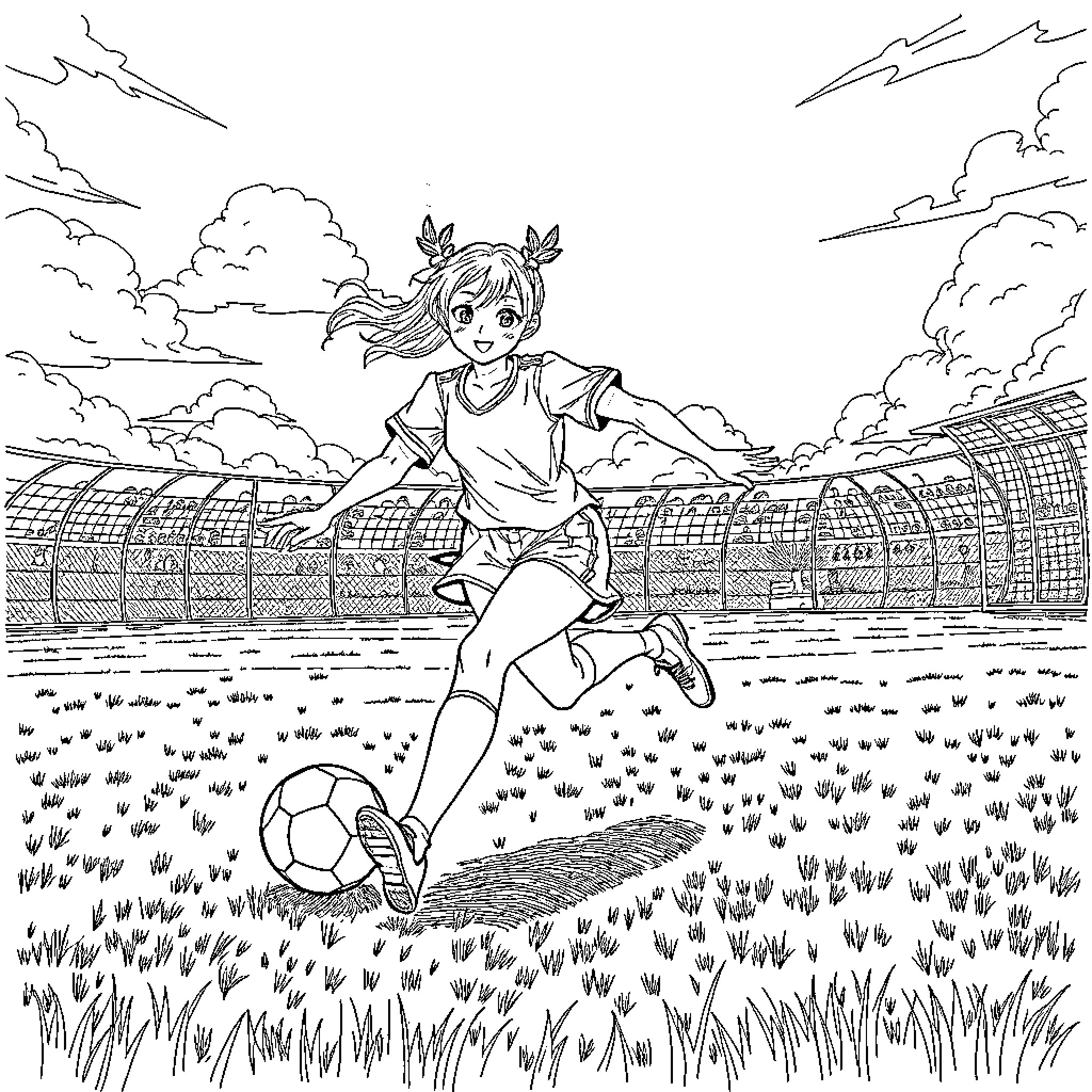 Mira Joyfully Kicking Soccer Ball on Field Coloring Page (free black-and-white line drawing printable PDF for all, from beginners to advanced learners, including children, teens, adults, and seniors)