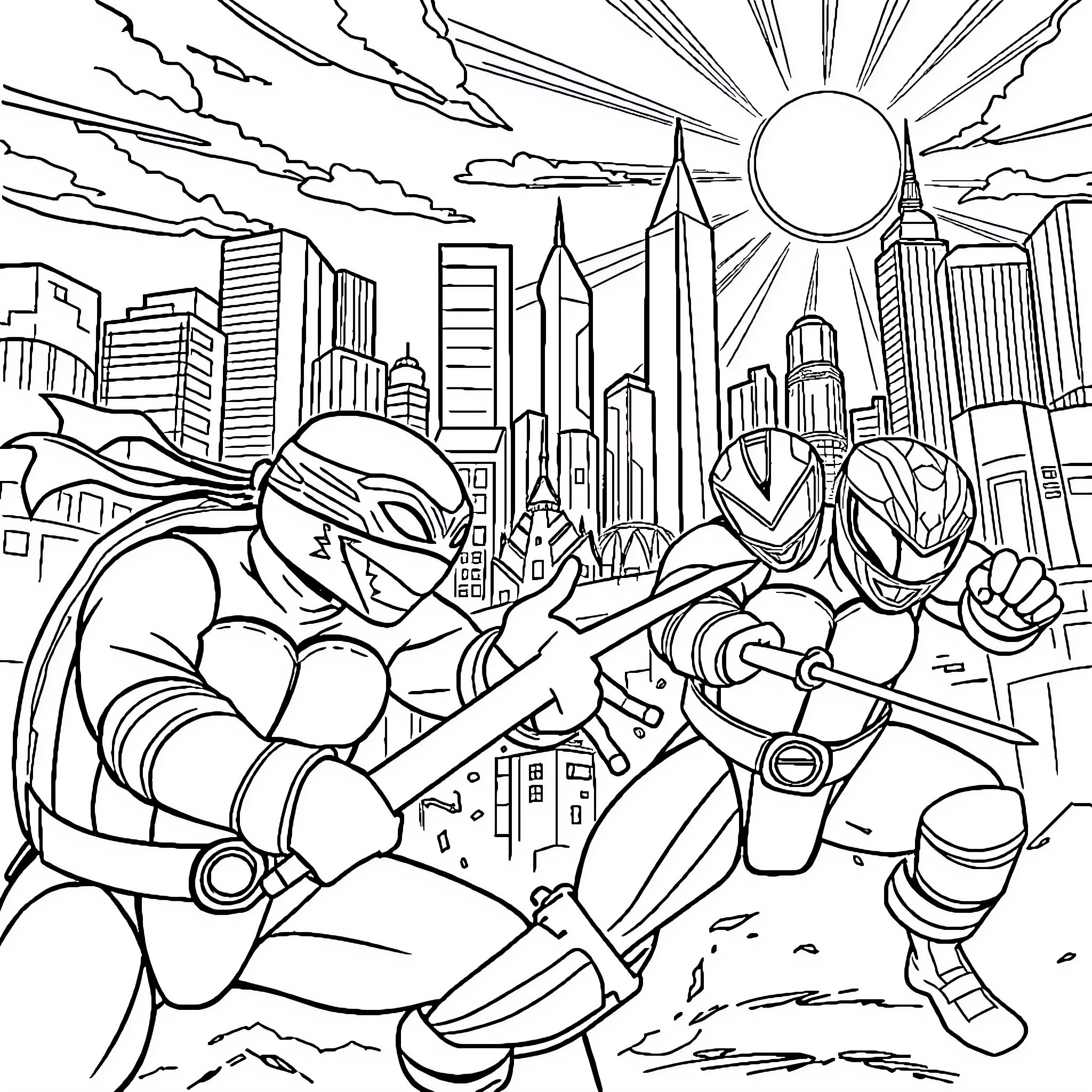 Ninja Turtle heroes battling in the city Coloring Page (free black-and-white line drawing printable PDF for all, from beginners to advanced learners, including children, teens, adults, and seniors)