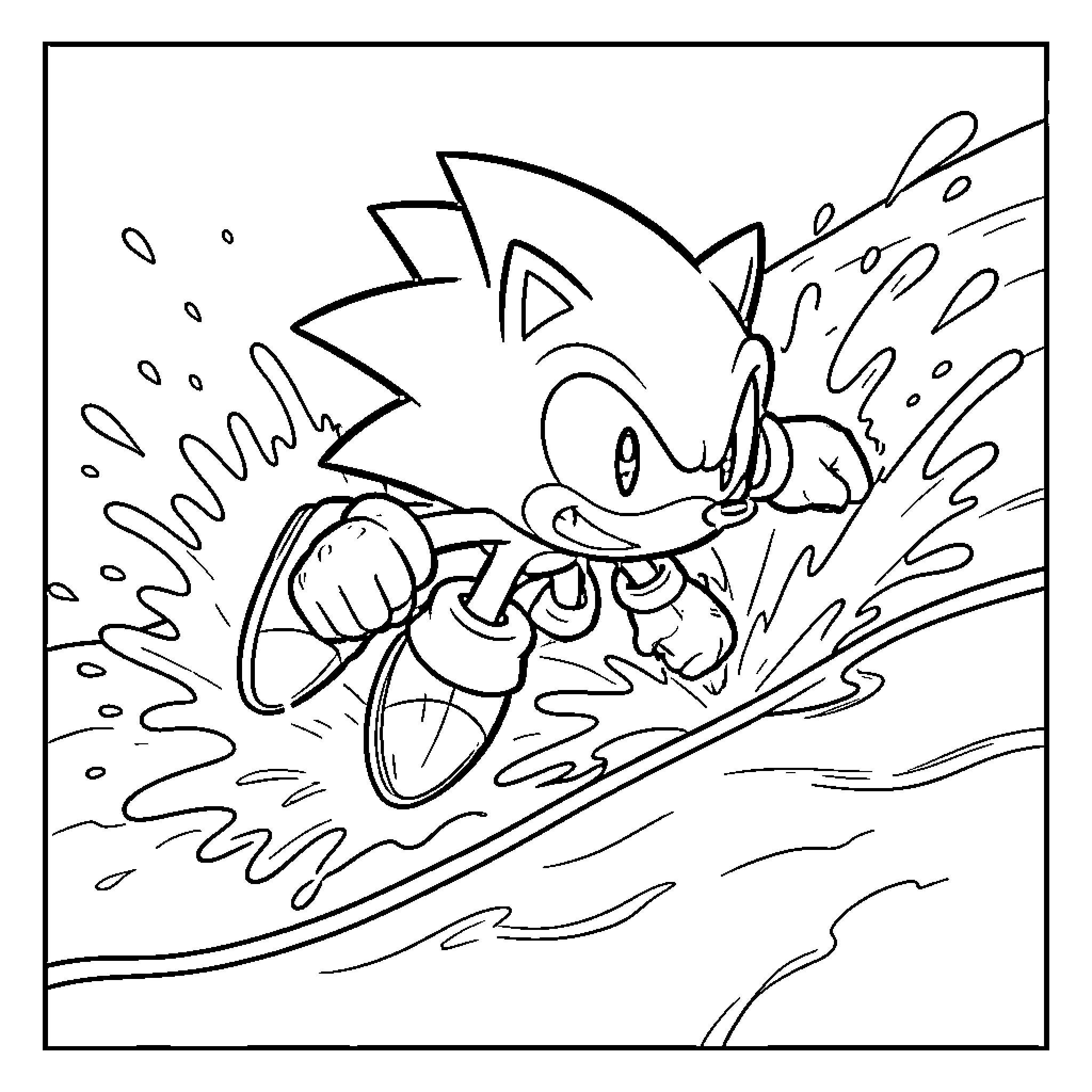 Sonic running fast through splashing water Coloring Page (free black-and-white line drawing printable PDF for all, from beginners to advanced learners, including children, teens, adults, and seniors)