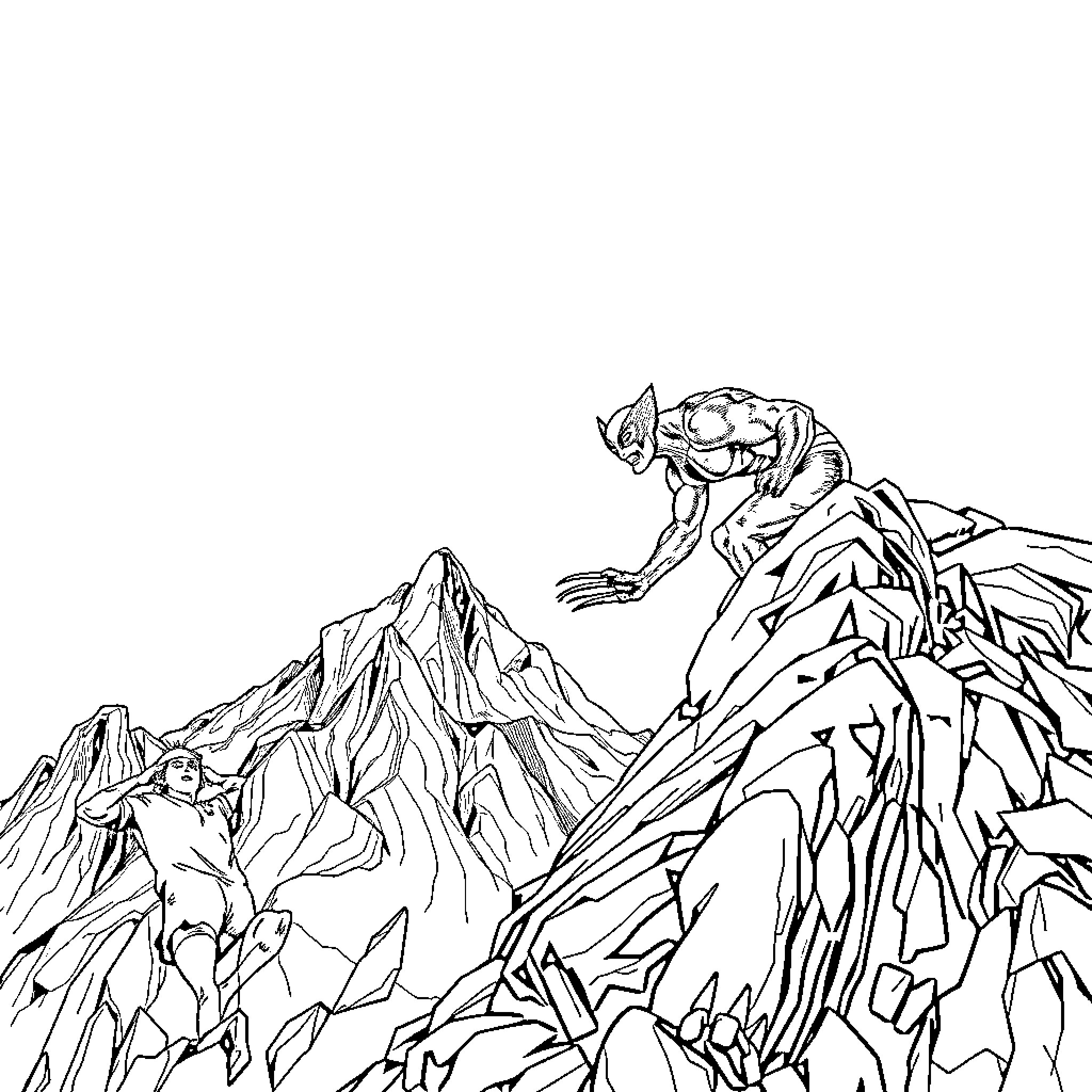Wolverine scaling rugged mountain terrain Coloring Page (free black-and-white line drawing printable PDF for all, from beginners to advanced learners, including children, teens, adults, and seniors)