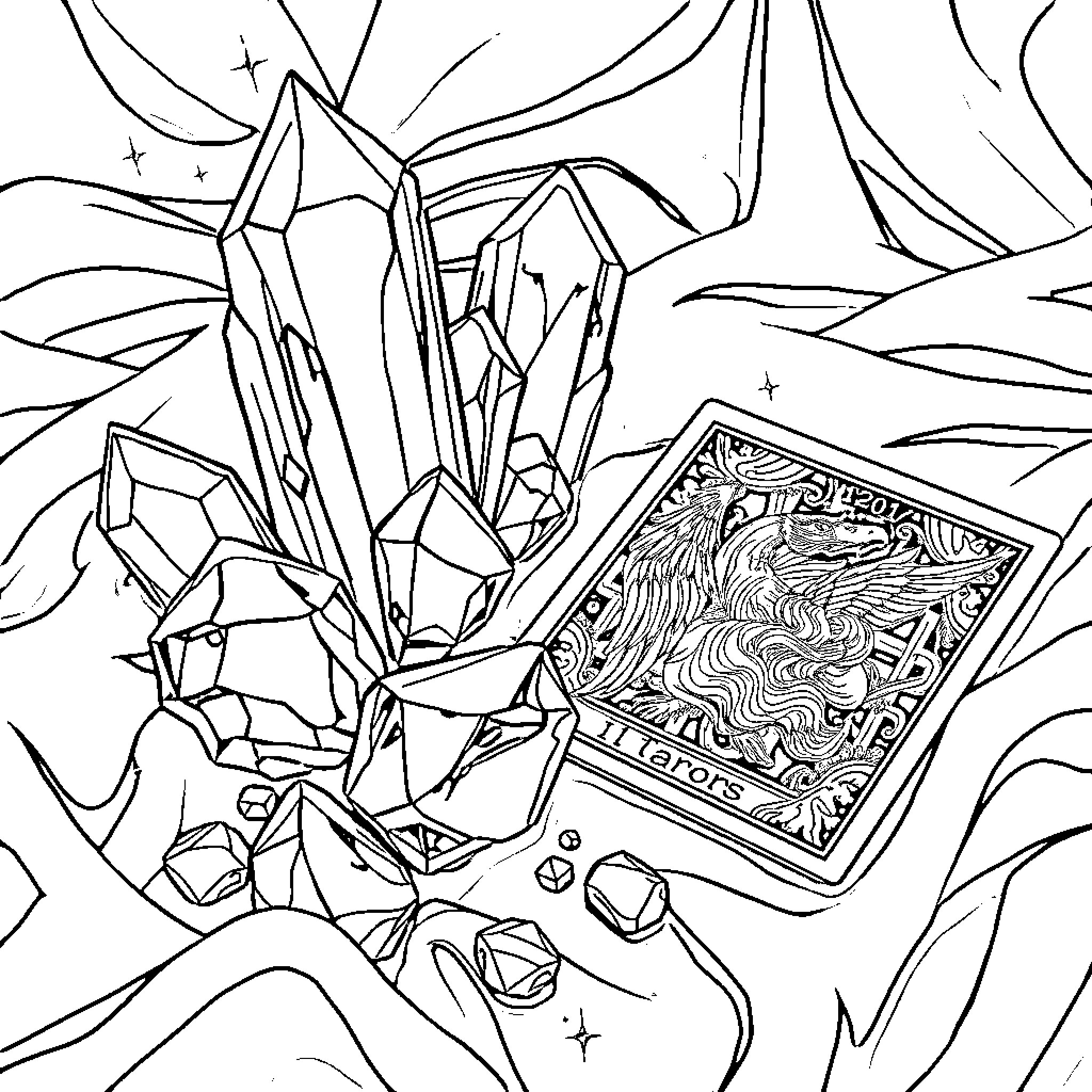 Crystal Mystical Encounter with Tarot Cards Coloring Page (free black-and-white line drawing printable PDF for all, from beginners to advanced learners, including children, teens, adults, and seniors)
