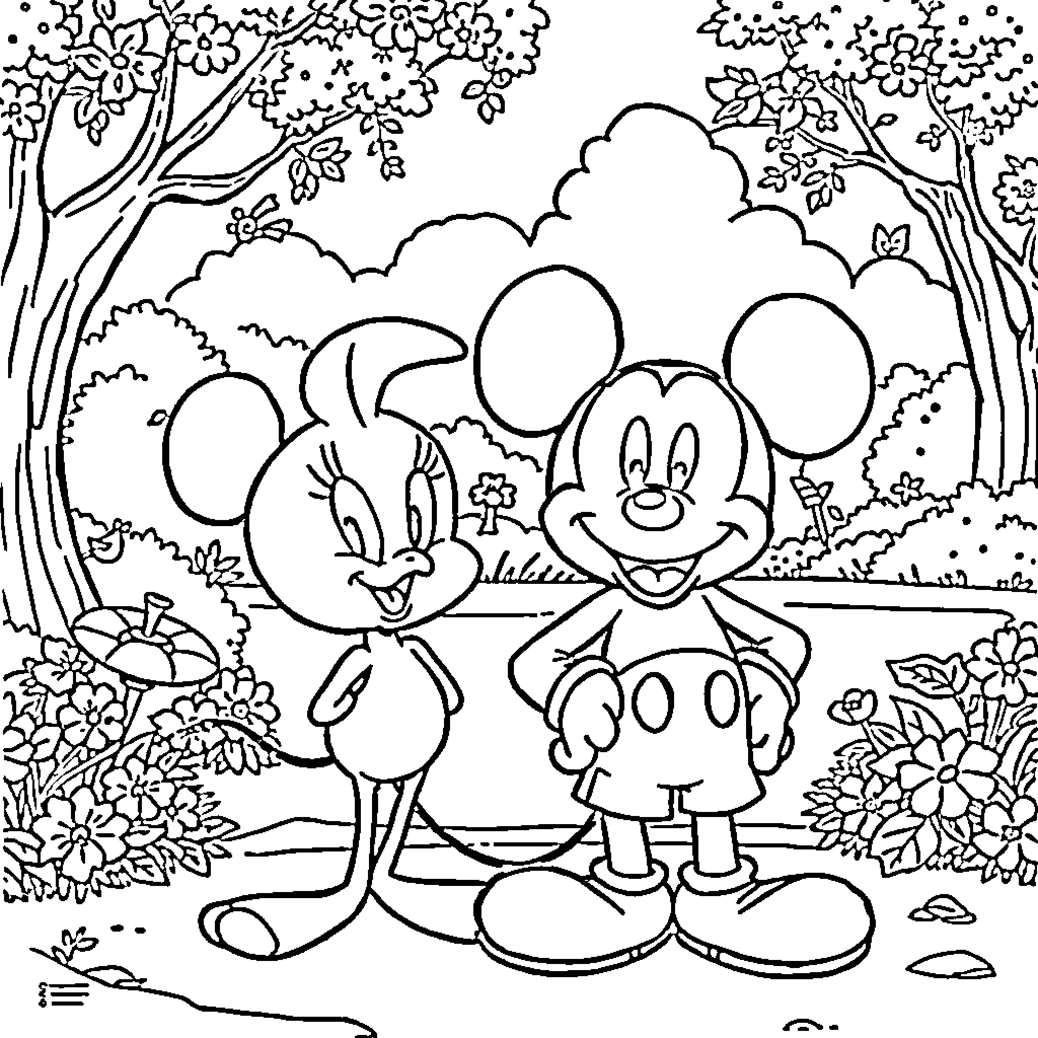 Mickey Mouse and friend exploring the forest Coloring Page (free black-and-white line drawing printable PDF for all, from beginners to advanced learners, including children, teens, adults, and seniors)